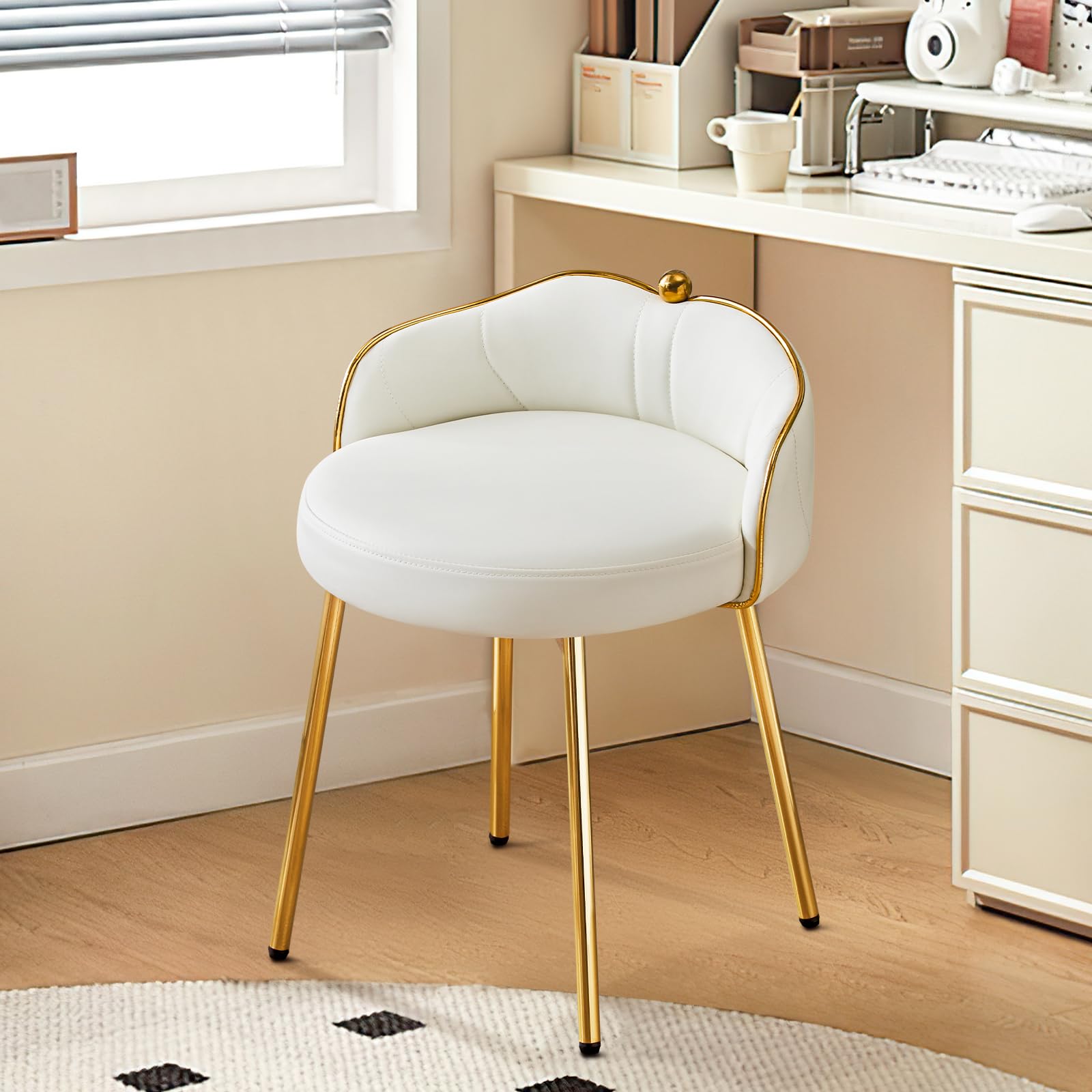 Beige Low Back Leather Vanity Chair, Armless Makeup Stool with Gold Legs No Wheels for Bedroom Dress Room