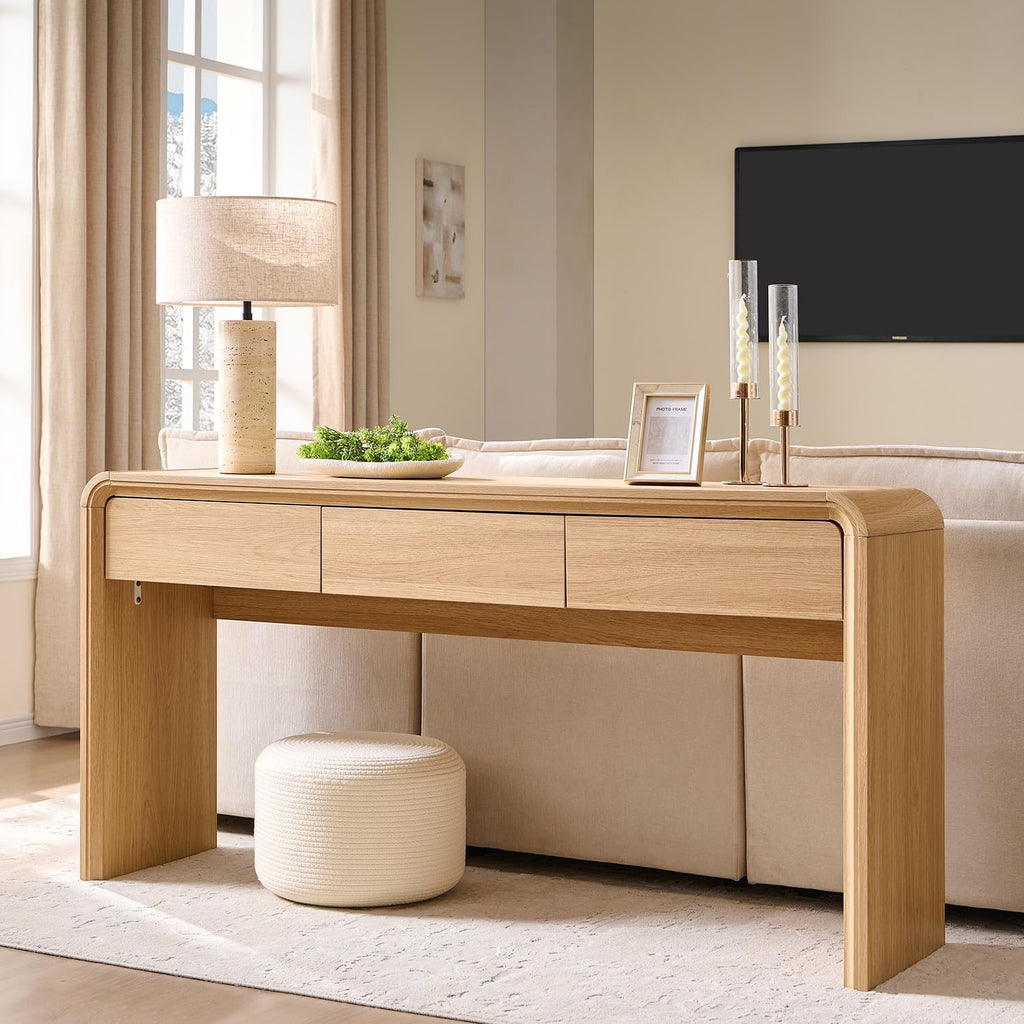 63" Natural Curved Console Table with 3 Drawers, Narrow Sofa Table for Foyer Hallway