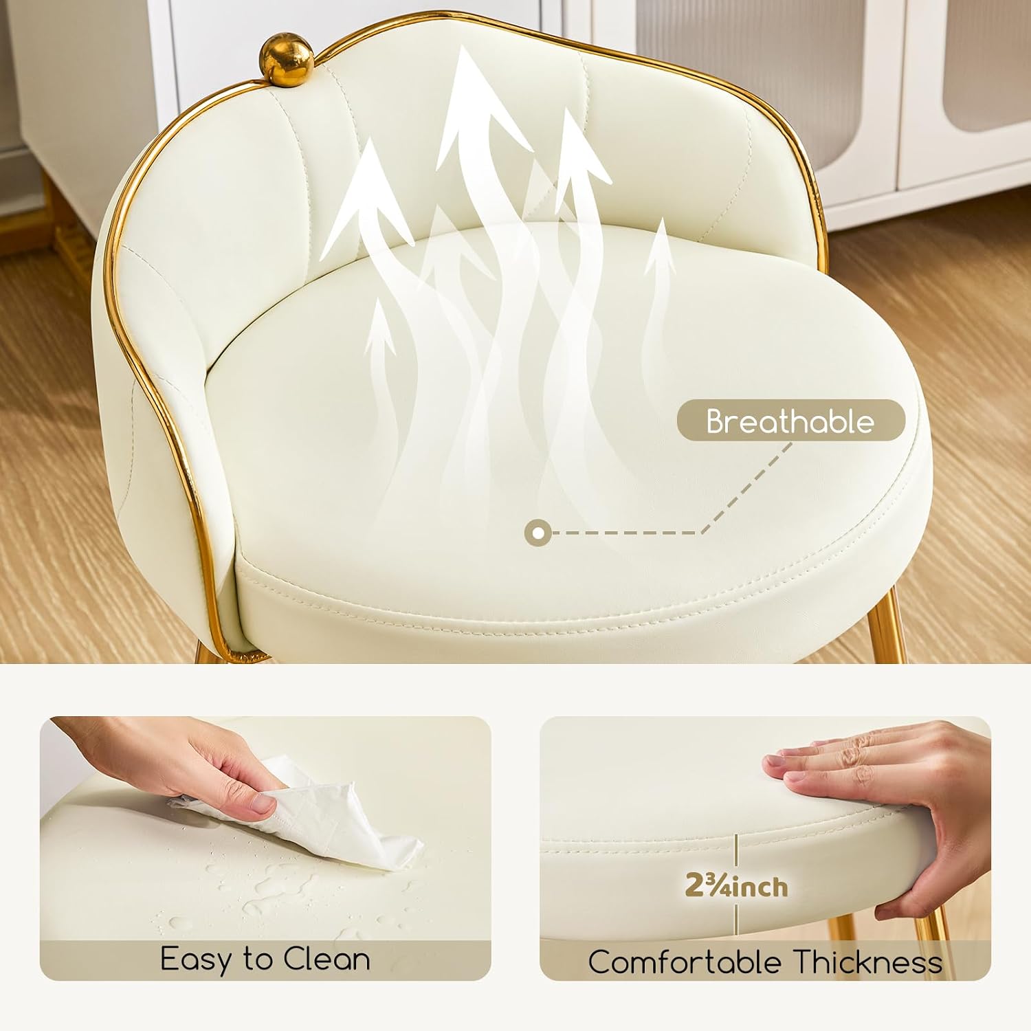 Beige Low Back Leather Vanity Chair, Armless Makeup Stool with Gold Legs No Wheels for Bedroom Dress Room