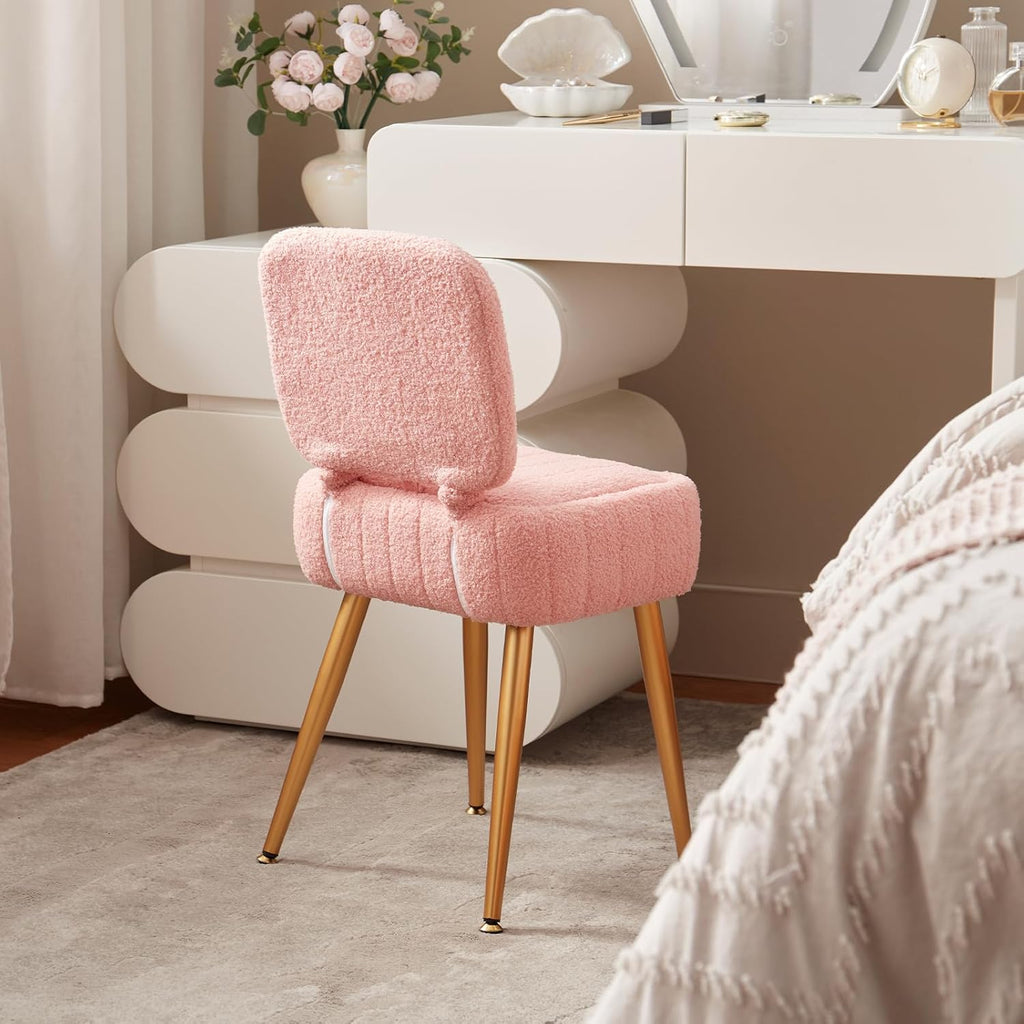 Updated Vanity Chair, Storage Ottoman with Folding Back & Gold-Toned Metal Legs, Ottoman Seat with Teddy Velvet for Dressing Room Living Room Bedroom, 15" x 12" Inch