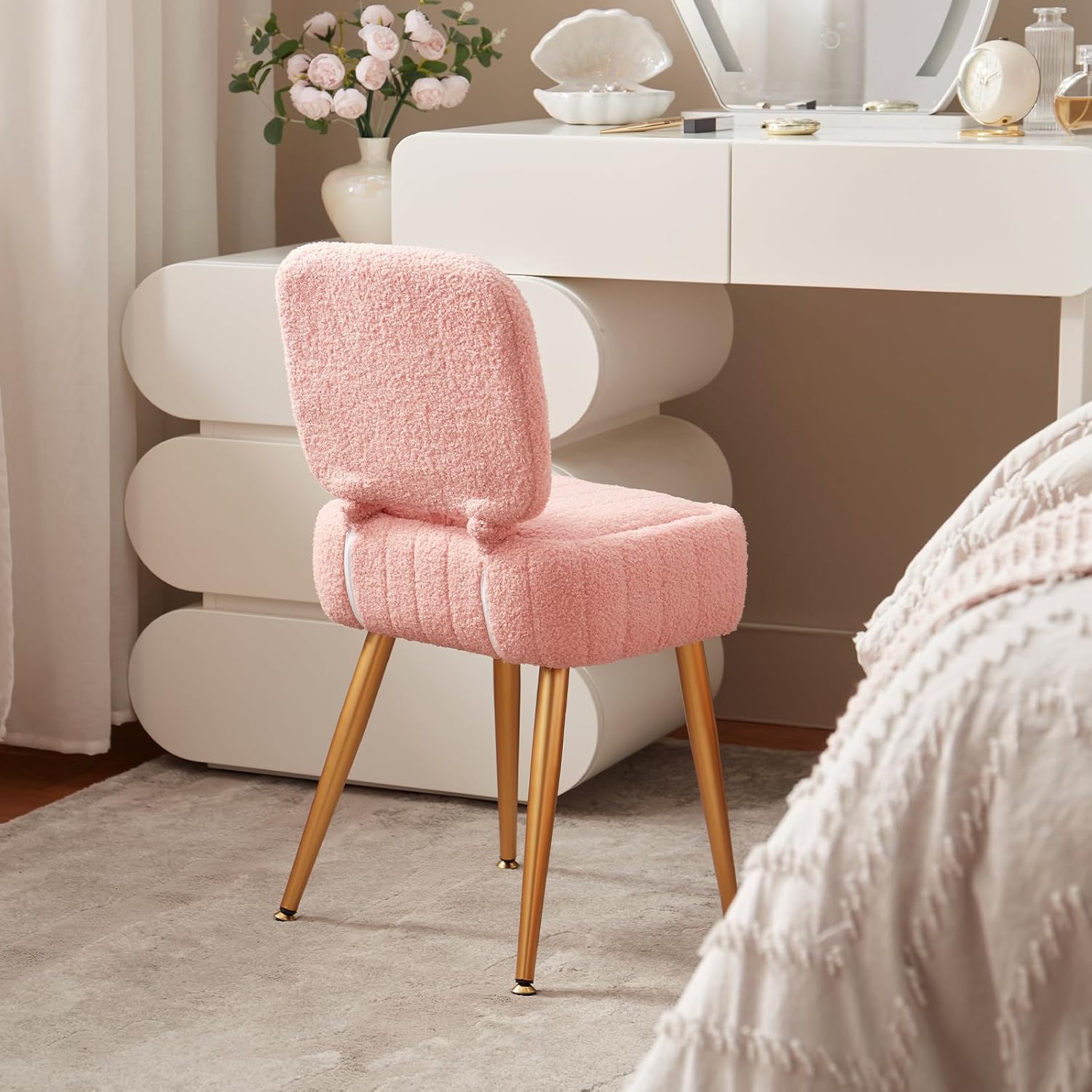 Updated Vanity Chair, Storage Ottoman with Folding Back & Gold-Toned Metal Legs, Ottoman Seat with Teddy Velvet for Dressing Room Living Room Bedroom, 15" x 12" Inch