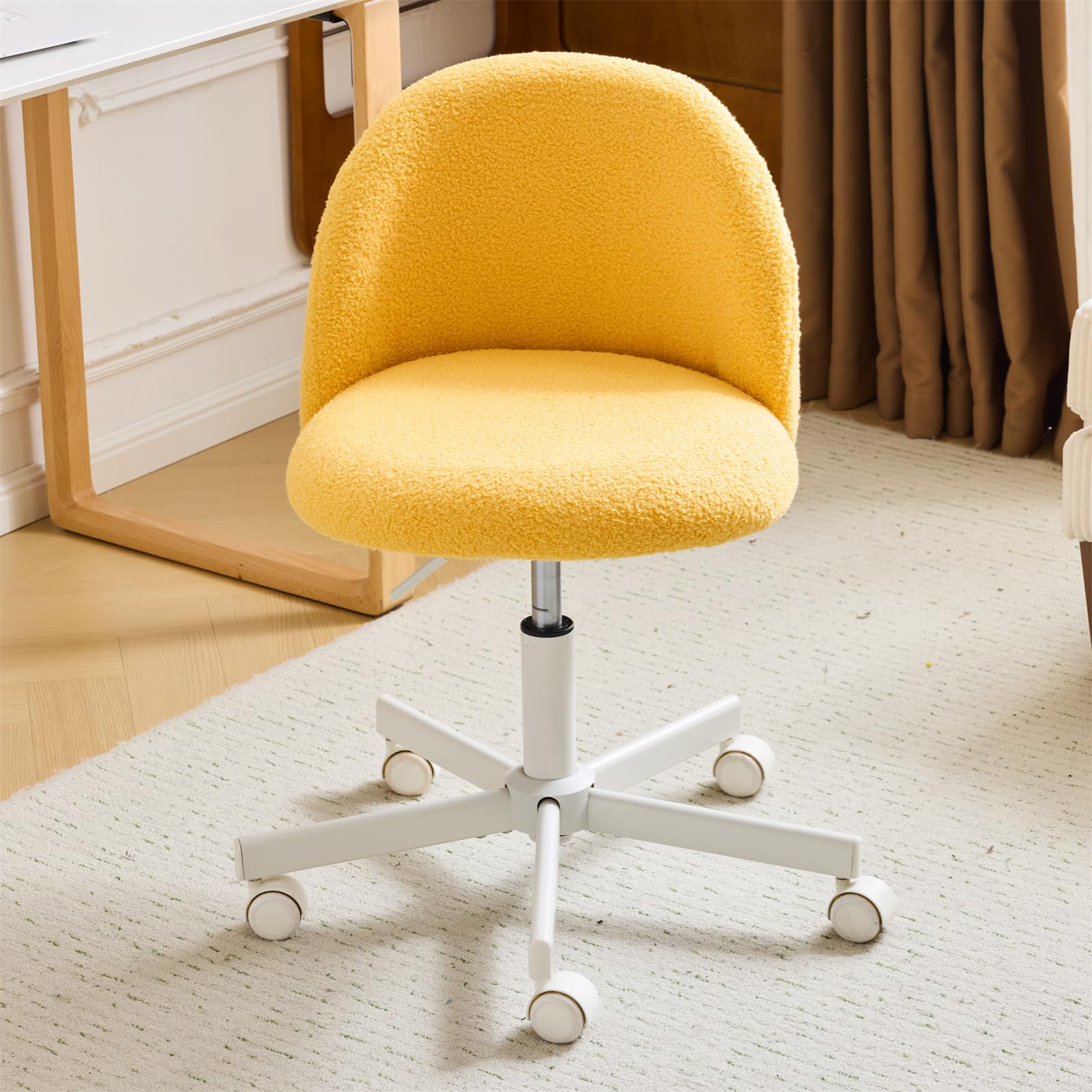 VINGLI Candy Chair Armless Cute Desk Chair,Comfy Small Office Chair with Wheels,Vanity Chair Lumbar Support,Teddy Adjustable Rolling Swivel Computer Task Chair for Home Office,Bedroom,Creamy Beige