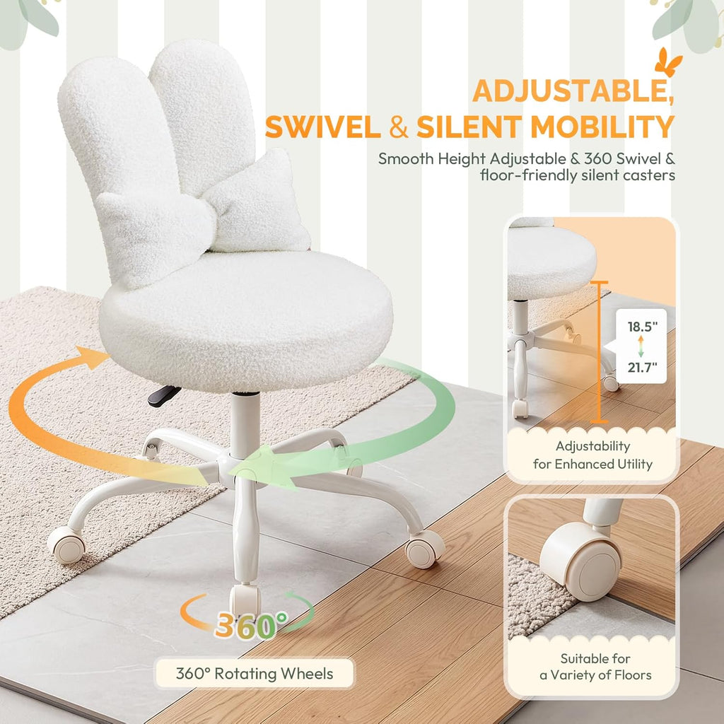 VINGLI Playful Rabbit Ear Swivel White Vanity Desk Chair with wheels&Bow Pillow,Cute Comfy Small Armless Adjustable Rolling Stool for Bedroom/Home Office,for Kids,Teens,Girls,Women,Adults,Teddy Fleece