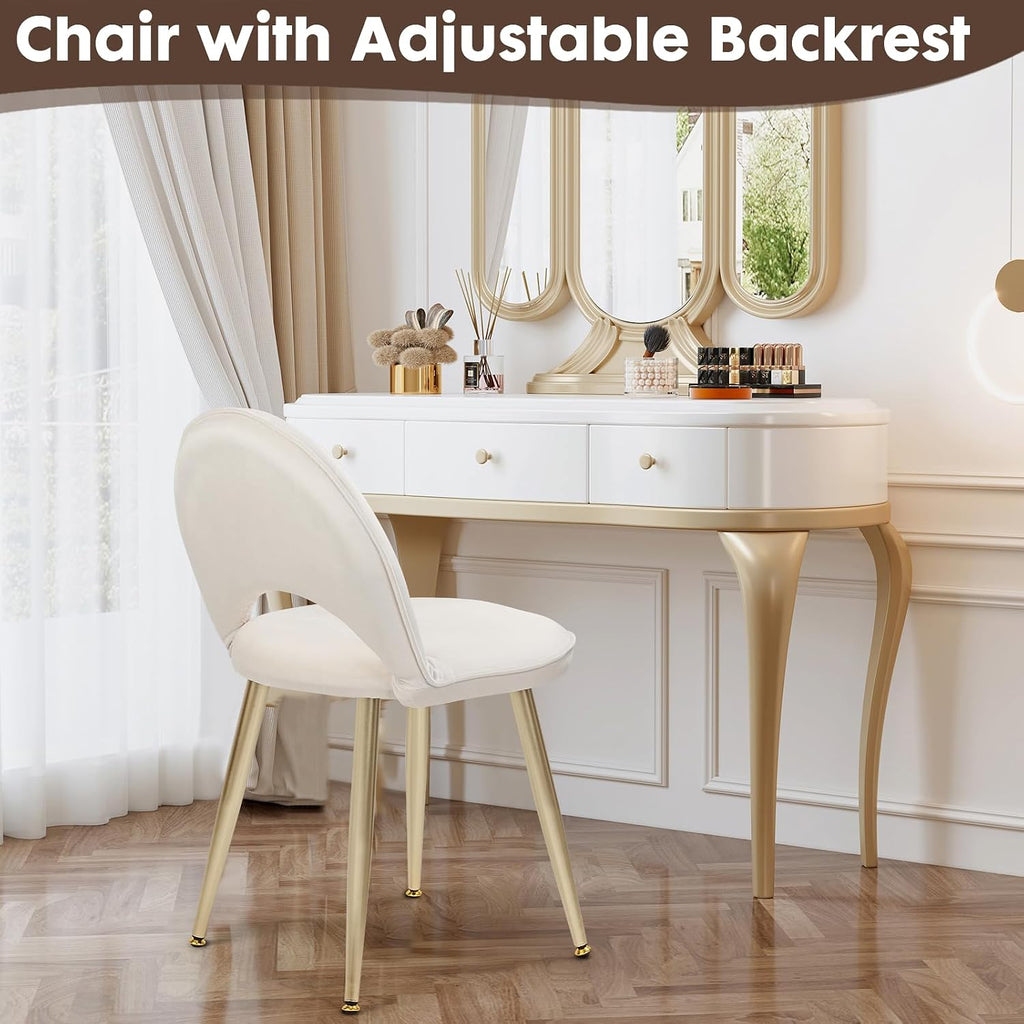 Vanity Chair with Adjustable Backrest, Velvet Upholstery Armless Makeup Stool, White Vanity Stool with Gold Metal Legs for Bedroom Living Room Kitchen Dinning Room (Velvet White)