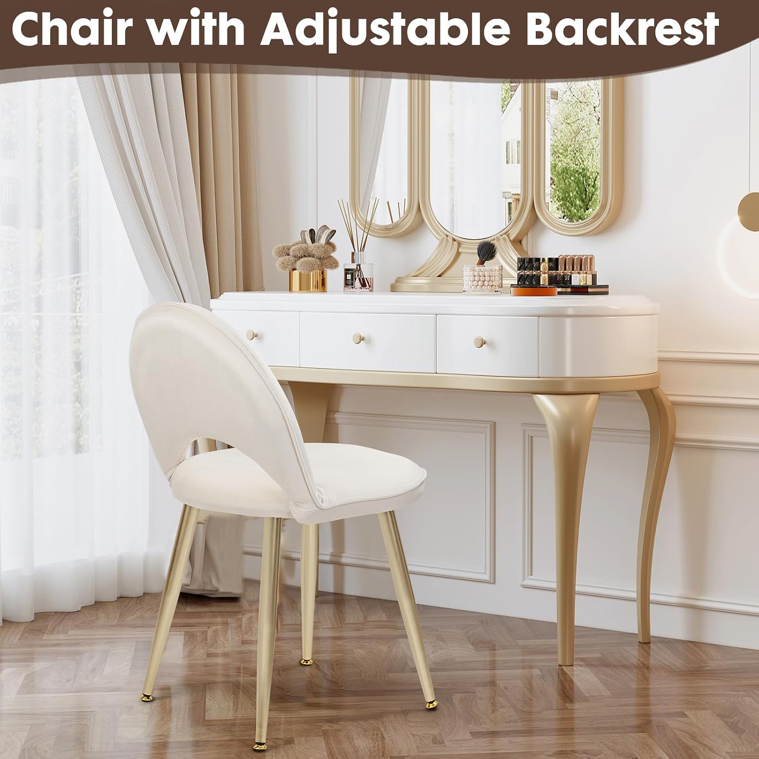 Vanity Chair with Adjustable Backrest, Velvet Upholstery Armless Makeup Stool, White Vanity Stool with Gold Metal Legs for Bedroom Living Room Kitchen Dinning Room (Velvet White)