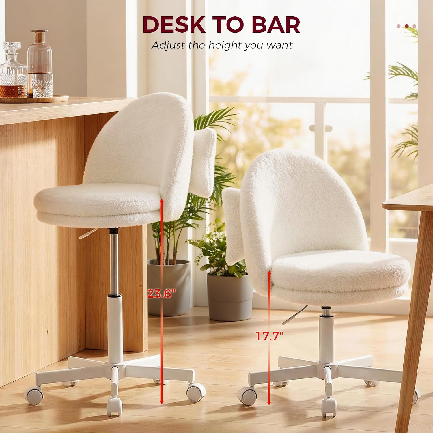 Velvet Armless Tall Office Chair with Wheels, Adjustable Height Desk Chair with Lumbar Support
