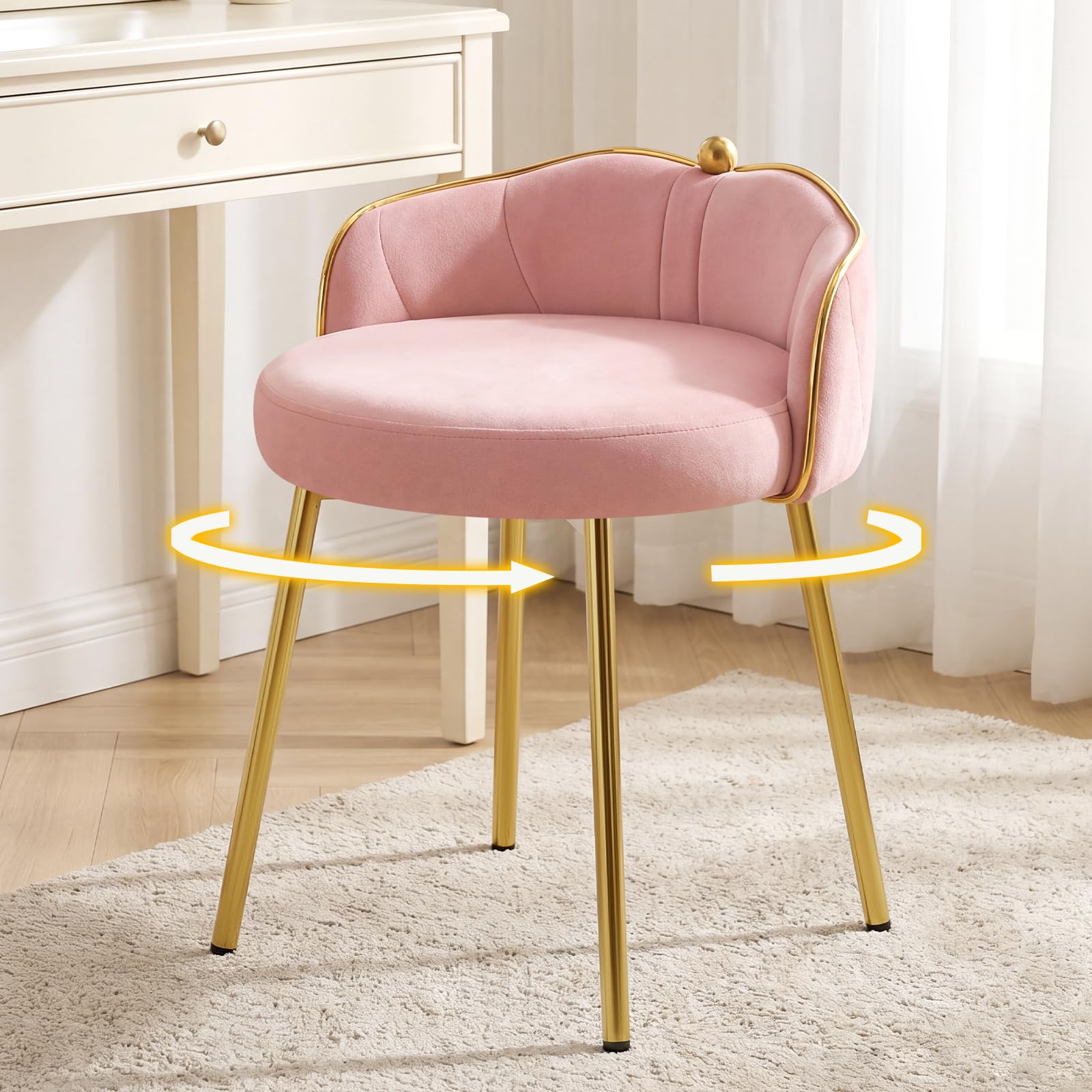 Cute Vanity Chair with Low Back, Small Makeup Desk Chair No Wheels, Modern Armless Leather Swivel Vanity Stools with Gold Legs for Vanity Bedroom Dress Room, White