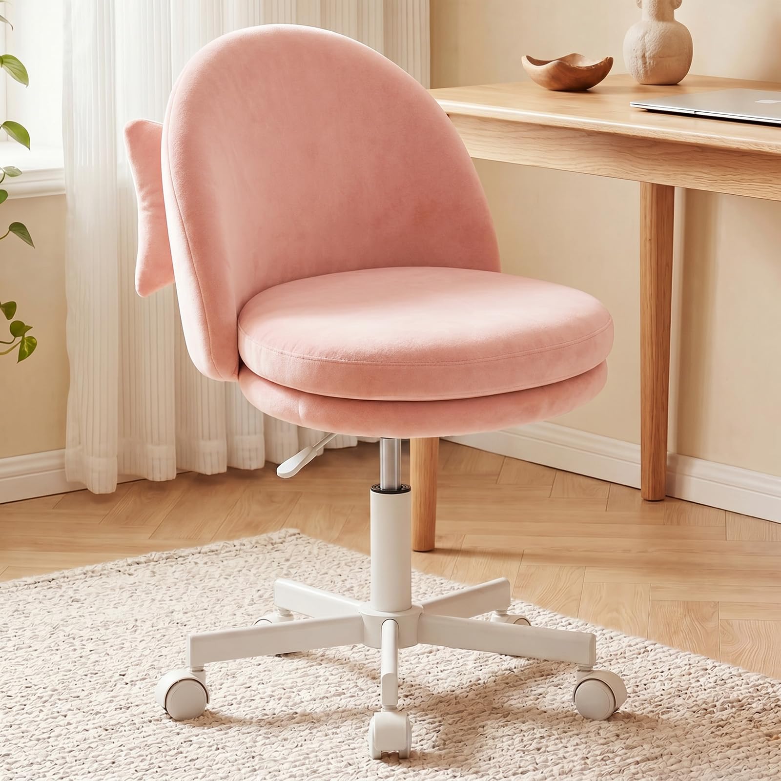 GTPLAYER Velvet Tall Office Chair with Wheels Vanity Chairs with Back, Versatile Height Use: Office to Bar Stools Small Ergonomic Comfy Armlees Computer Desk Chair with Bow Lumbar Pillow for Gift