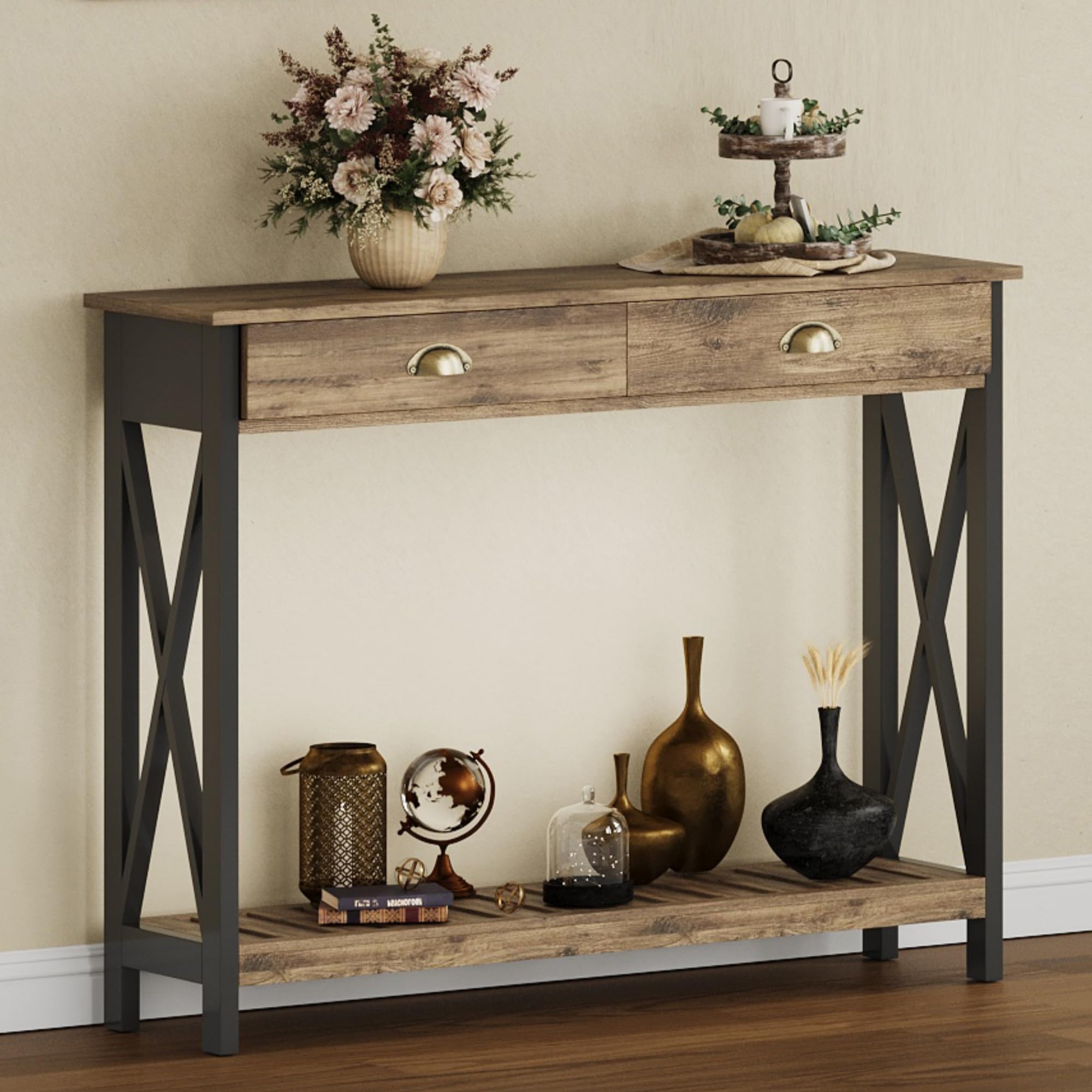 ChooChoo Farmhouse Console Table with Drawer for Entryway, Narrow Long Entry Table with Shelf for Living Room, Rustic Vintage Hallway Sofa Table with Stable X Supports, 40 White