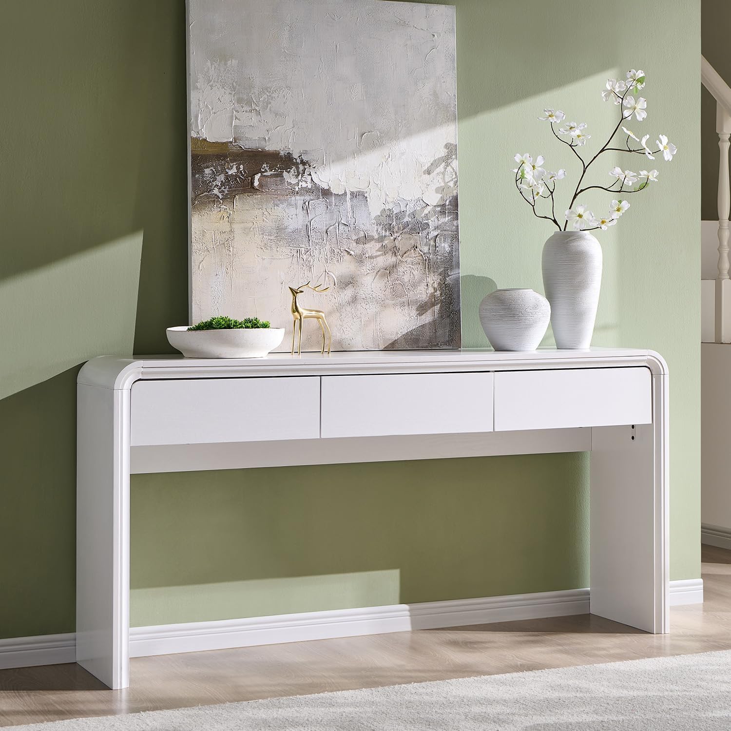 63" Natural Curved Console Table with 3 Drawers, Narrow Sofa Table for Foyer Hallway
