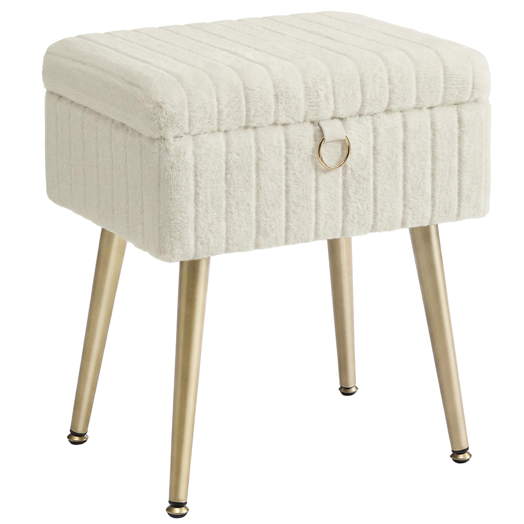 SONGMICS Small Vanity Chair with Storage and Folding Back, Vanity Stool, Footrest Footstool Ottoman, Dressing Table Stool, Furry Padded Seat, for Makeup Room, Bedroom, Ink Black ULOM532BH01