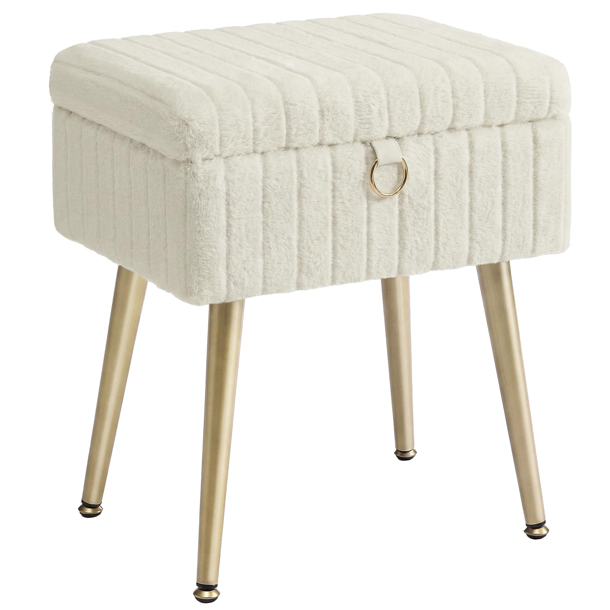 SONGMICS Small Vanity Chair with Storage and Folding Back, Vanity Stool, Footrest Footstool Ottoman, Dressing Table Stool, Furry Padded Seat, for Makeup Room, Bedroom, Ink Black ULOM532BH01