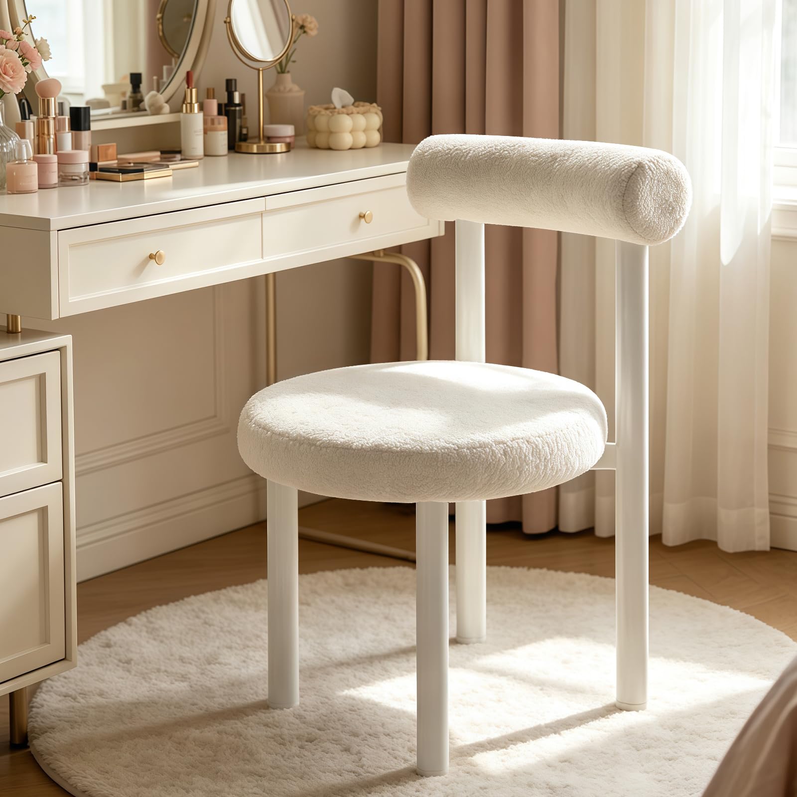 Cute Small Armless Desk Chair, Ergonomic Comfy Vanity Chairs Lumbar Support with Back for Makeup, Teddy Fabric Computer Desk Chair for Home, Bedroom, Vanity, Teens, Adults