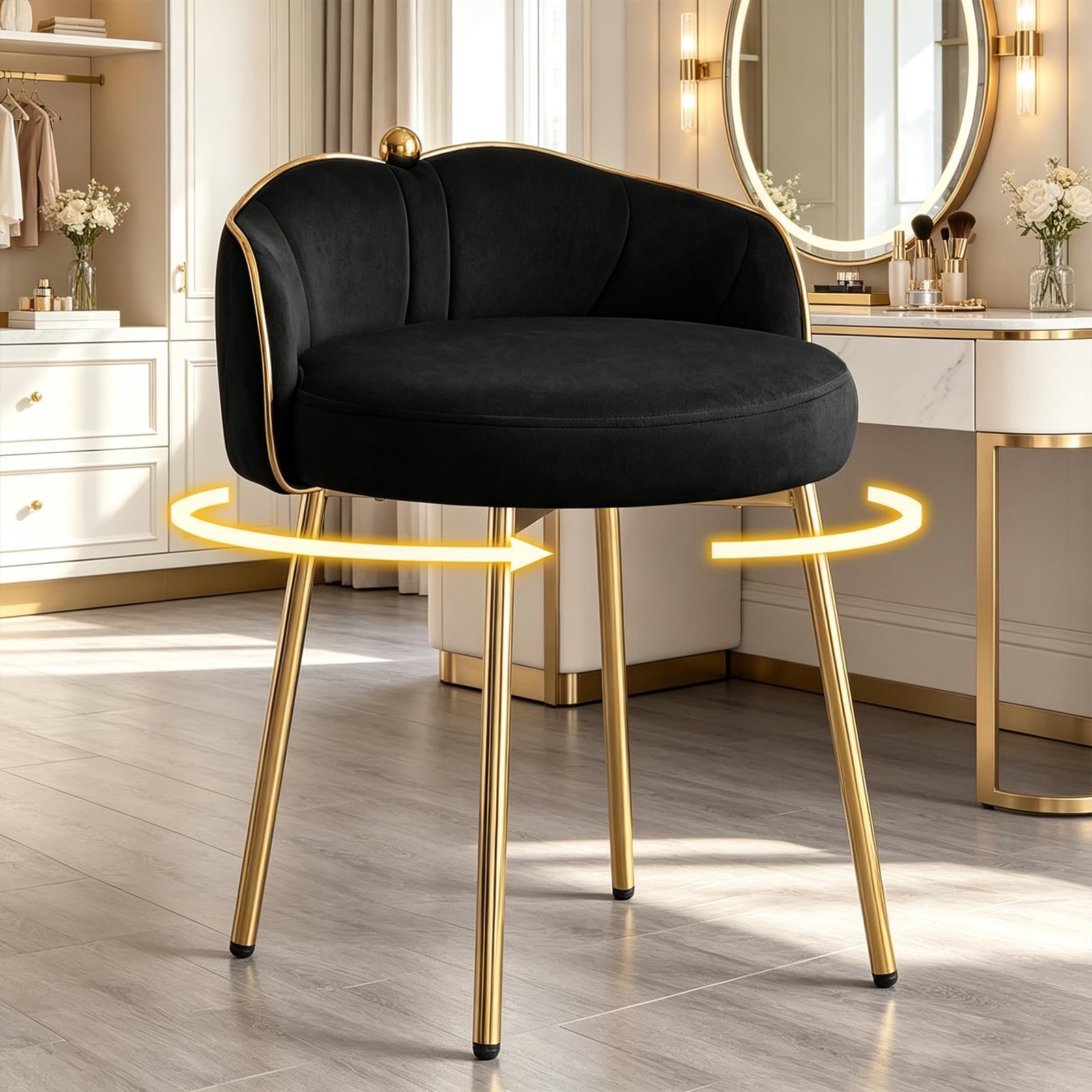 Beige Low Back Leather Vanity Chair, Armless Makeup Stool with Gold Legs No Wheels for Bedroom Dress Room