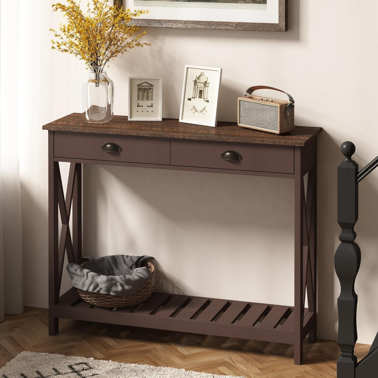 ChooChoo Farmhouse Console Table with Drawer for Entryway, Narrow Long Entry Table with Shelf for Living Room, Rustic Vintage Hallway Sofa Table with Stable X Supports, 40 White