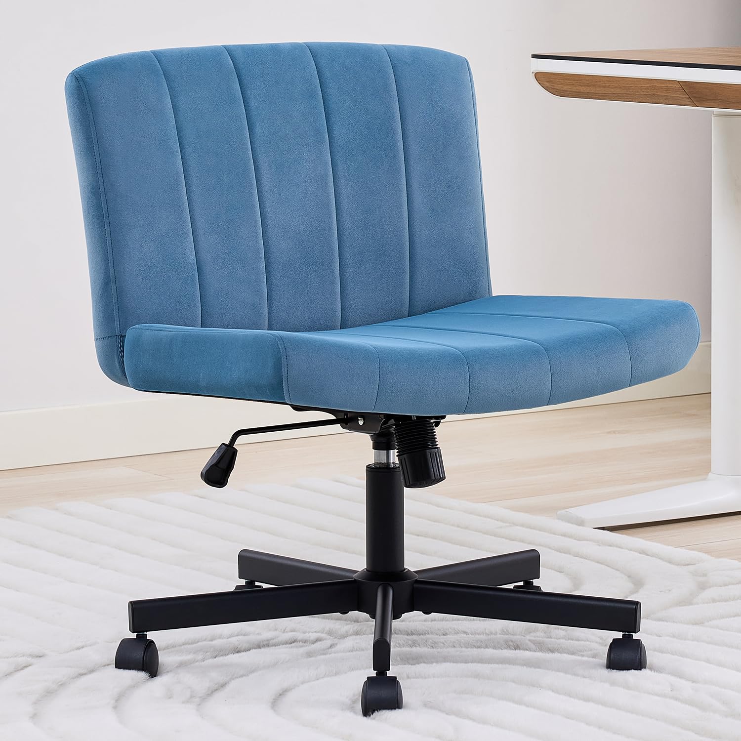 amseatec Criss Cross Chair, Wide Cross Legged Desk Chair with Wheels, Comfy Fabric Vanity Chair for Home Office, Adjustable Armless Swivel Task Chair with 90–115°Tilt（300Lbs/Beige）