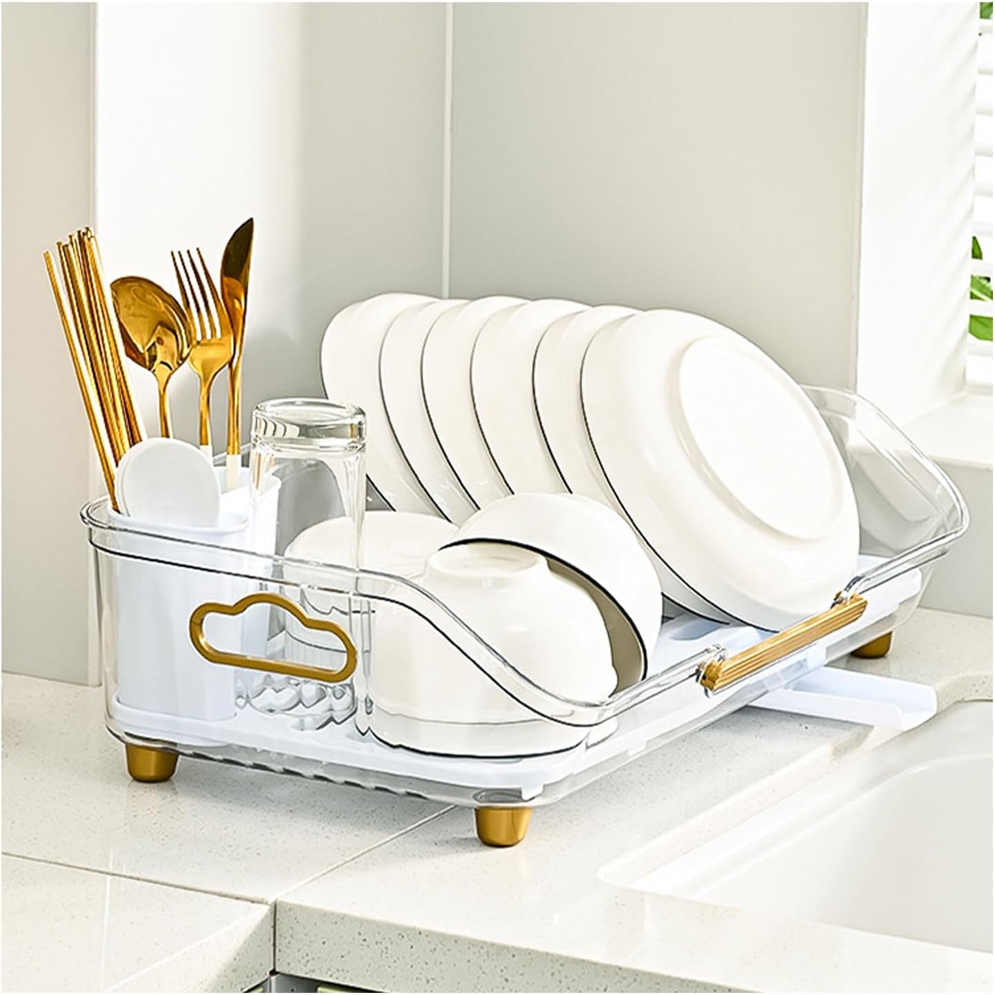 Dxcaicc Dish Drying Rack,Dish Drainers for Kitchen Counter Storage,Dish Drainer Tray with Utensil Holder,Dish Drying Storage Holder,Large Capacity Utensil Storage Organizer,Clear