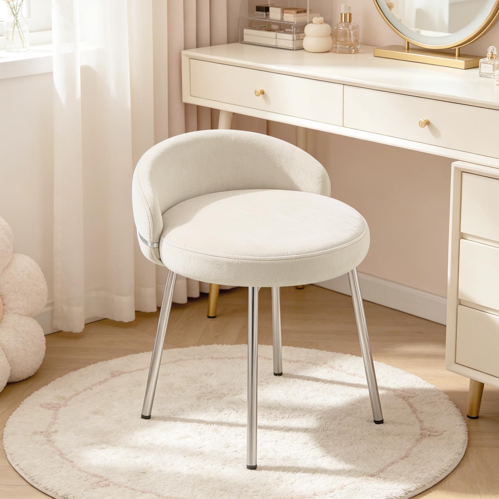 Velvet Vanity Chair with Soft Seat Matel Legs, Cute Makeup Desk Chair for Small Space, Upholstered Modern Vanity Stool with Low Back for Makeup Room Bedroom Dressing Room, Beige