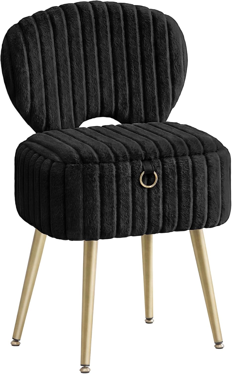 SONGMICS Small Vanity Chair with Storage and Folding Back, Vanity Stool, Footrest Footstool Ottoman, Dressing Table Stool, Furry Padded Seat, for Makeup Room, Bedroom, Ink Black ULOM532BH01
