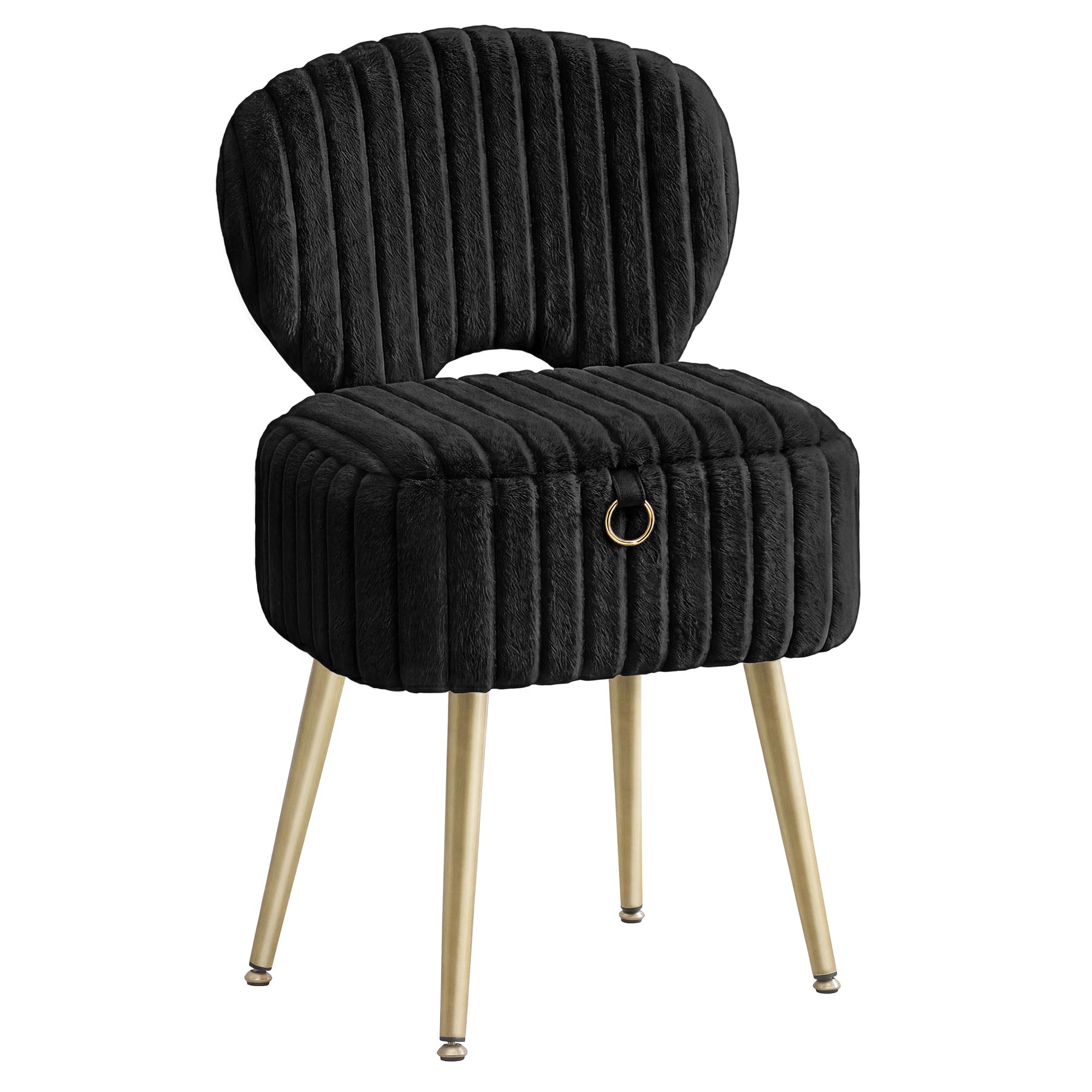 SONGMICS Small Vanity Chair with Storage and Folding Back, Vanity Stool, Footrest Footstool Ottoman, Dressing Table Stool, Furry Padded Seat, for Makeup Room, Bedroom, Ink Black ULOM532BH01