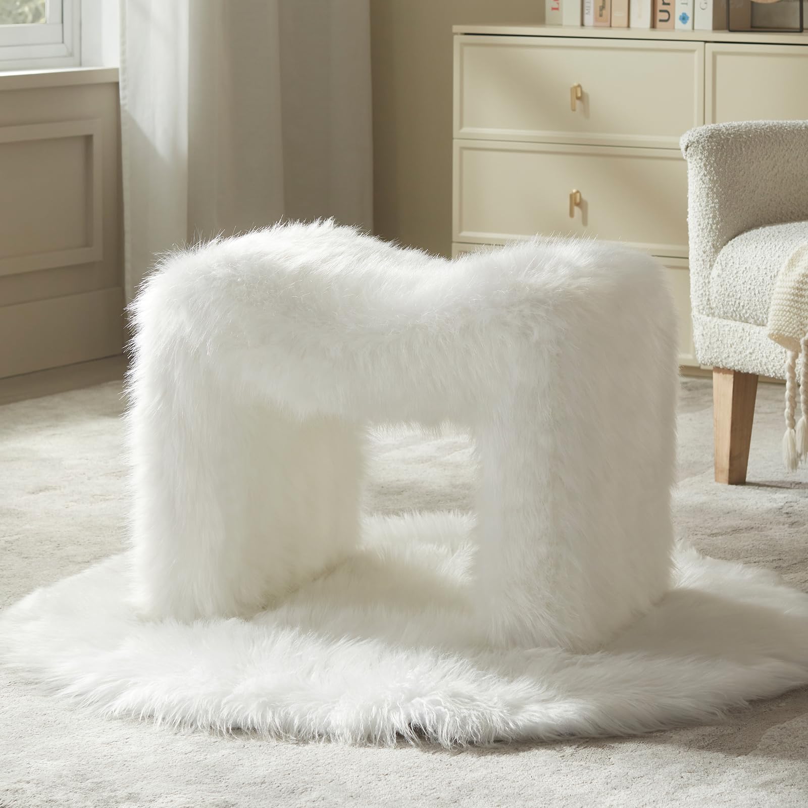 Ottoman Vanity Stool Chair Small Footstool Seating Backless Modern Foot Rest Teddy Velvet Ottoman for Makeup Room Living Room Bedroom Entryway,White (Single 1)