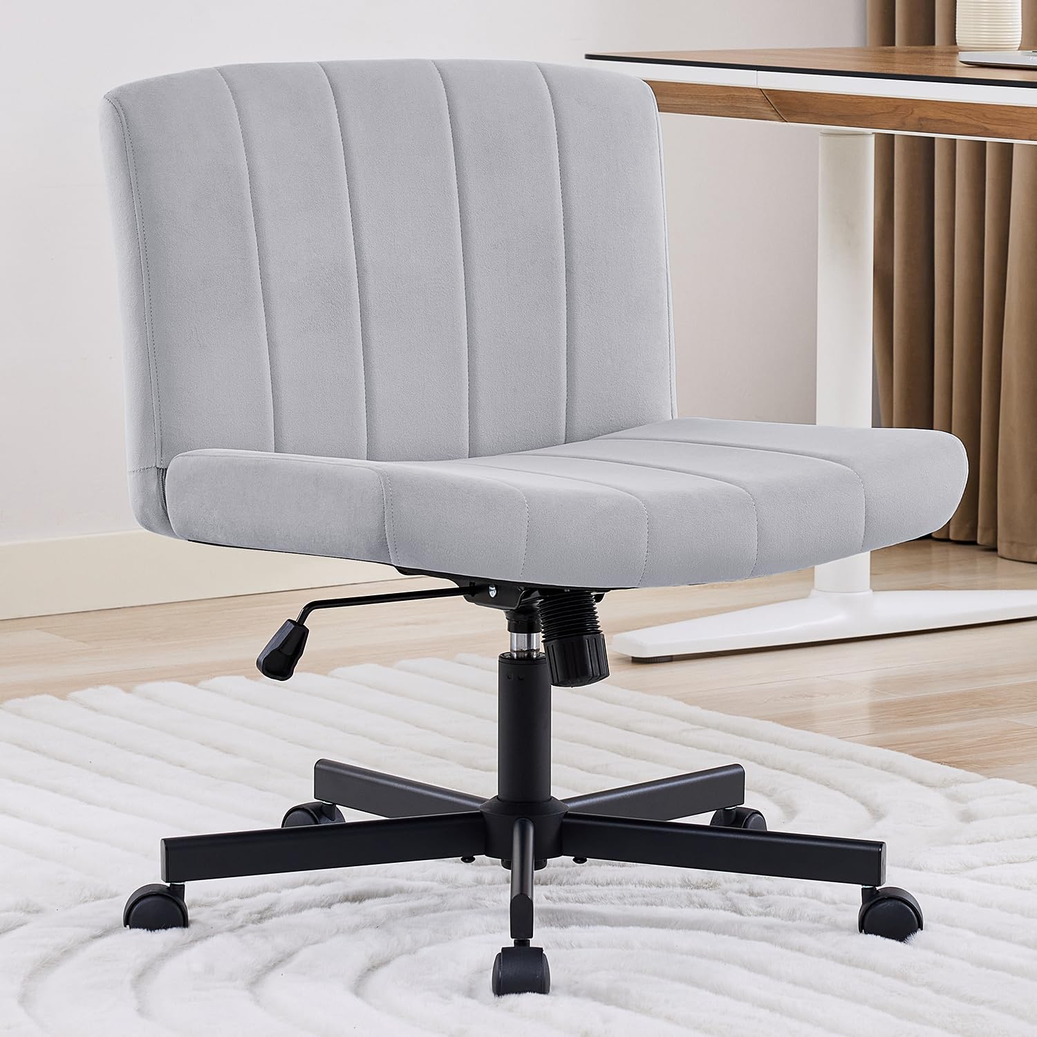 amseatec Criss Cross Chair, Wide Cross Legged Desk Chair with Wheels, Comfy Fabric Vanity Chair for Home Office, Adjustable Armless Swivel Task Chair with 90–115°Tilt（300Lbs/Beige）