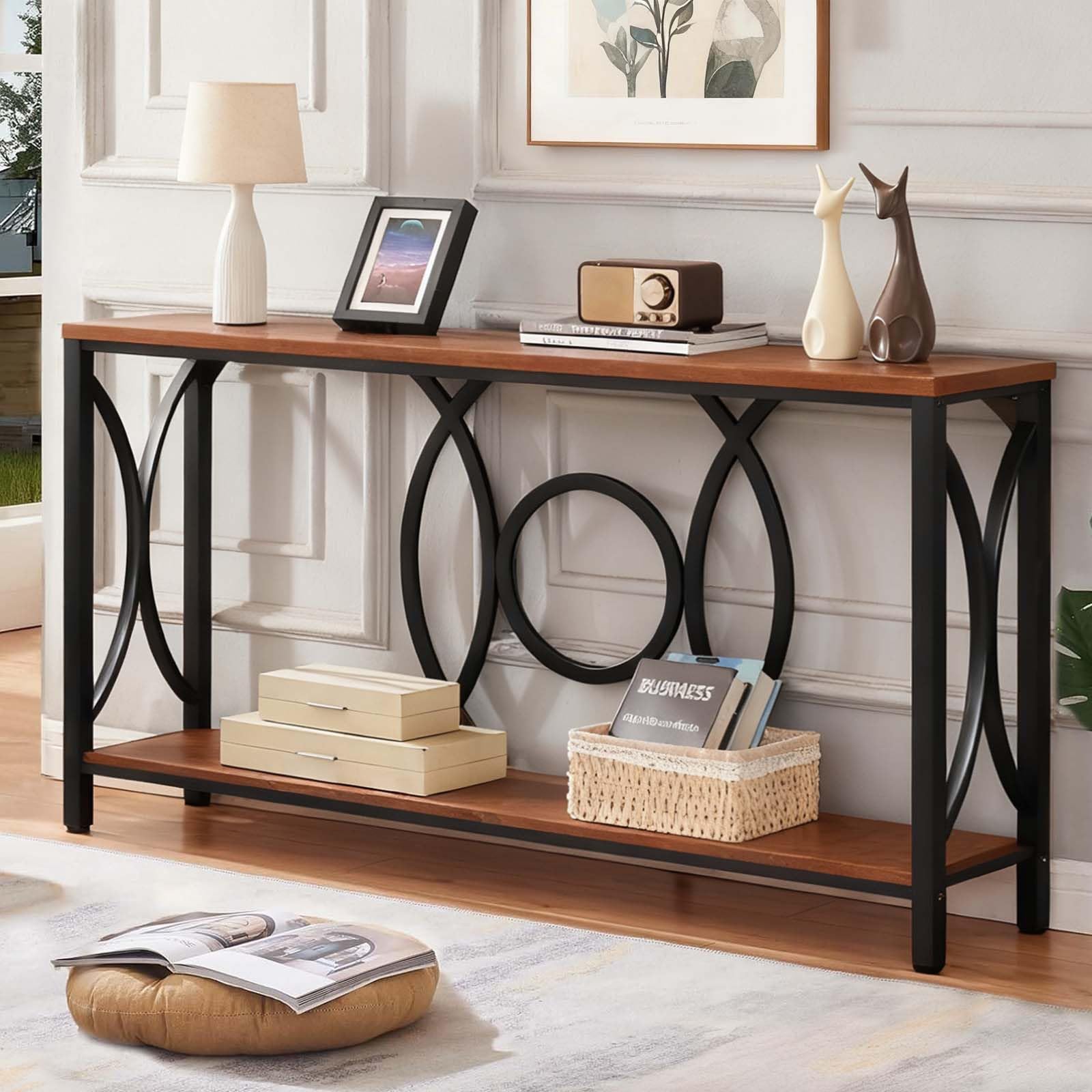 HOMISSUE Sofa Console Table, Modern Gold Console Table with Faux Marbled Tabletop, Engineered Wood Entryway Tables with 2 Tier Storage, Narrow Sofa Table for Living Room, Hallway (55 Inch, White&Gold)