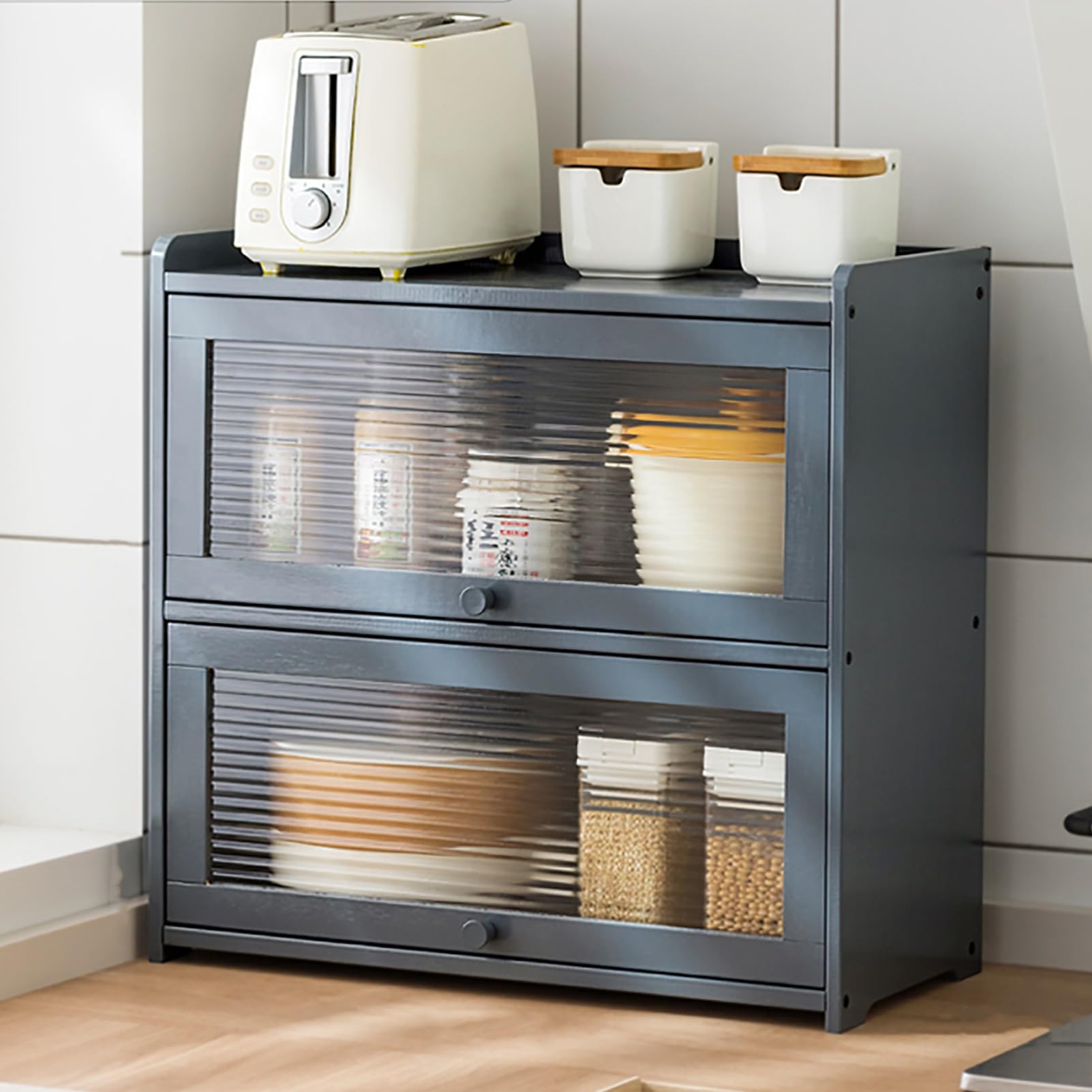 3-Tier Bamboo Kitchen Storage Cabinet with Acrylic Doors, Countertop Sideboard Organizer for Dishes Spices Bowls
