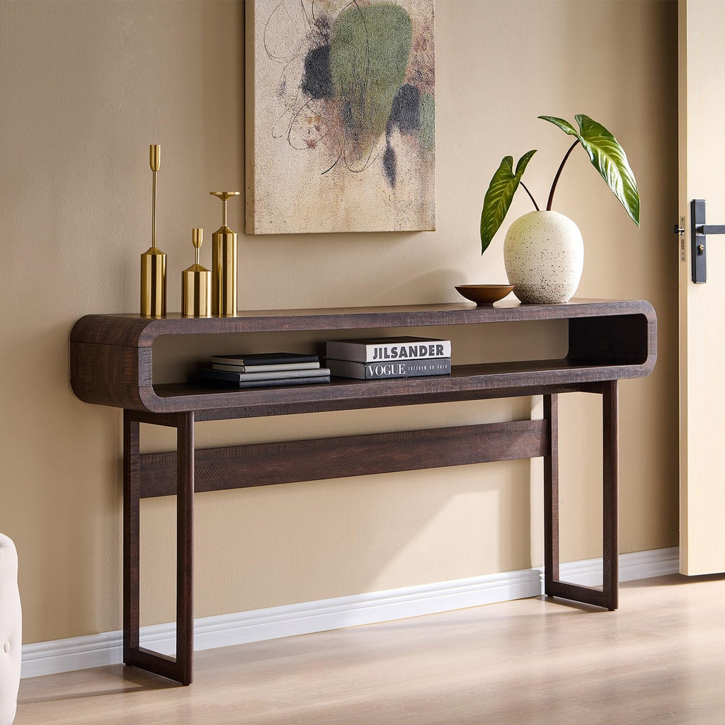 IFGET 63-Inch Long Console Table, 31.5" Tall Modern Entryway Table with Open Storage Shelf, Curved Profile Design, Narrow Wood Sofa Table Behind Couch Table for Living Room, Hallway,Foyer, Natural Oak
