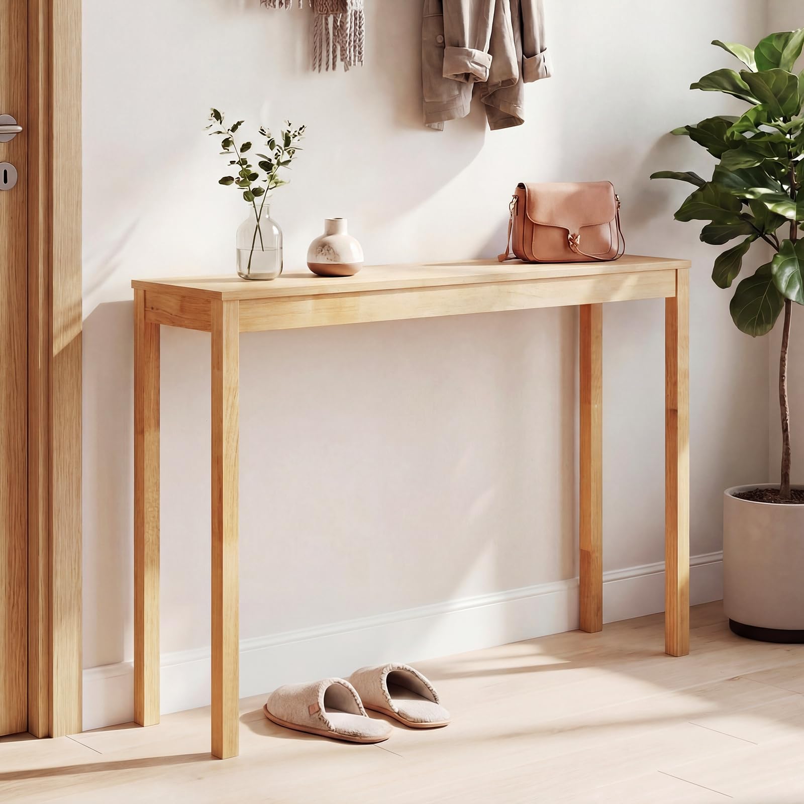 Giantex Wood Console Table, 48" Narrow Entryway Table with Solid Wood Legs & Thickened Top, Accent Sofa Table Behind Couch for Entryway, Foyer, Hallway, Living Room, Natural