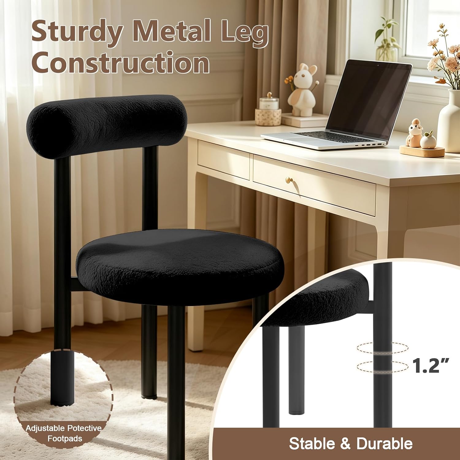 Cute Small Armless Desk Chair, Ergonomic Comfy Vanity Chairs Lumbar Support with Back for Makeup, Teddy Fabric Computer Desk Chair for Home, Bedroom, Vanity, Teens, Adults