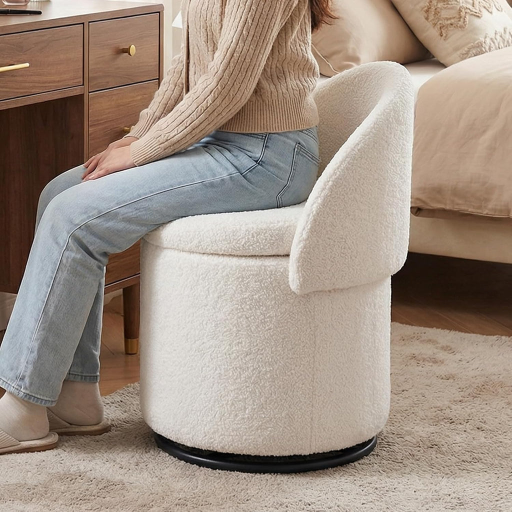 LukeAlon Sherpa Makeup Ottoman with Storage, Upholstered 360° Swivel Vanity Stool with Foldable Backrest Modern Cylindrical Footrest Stool for Living Room Bedroom, White