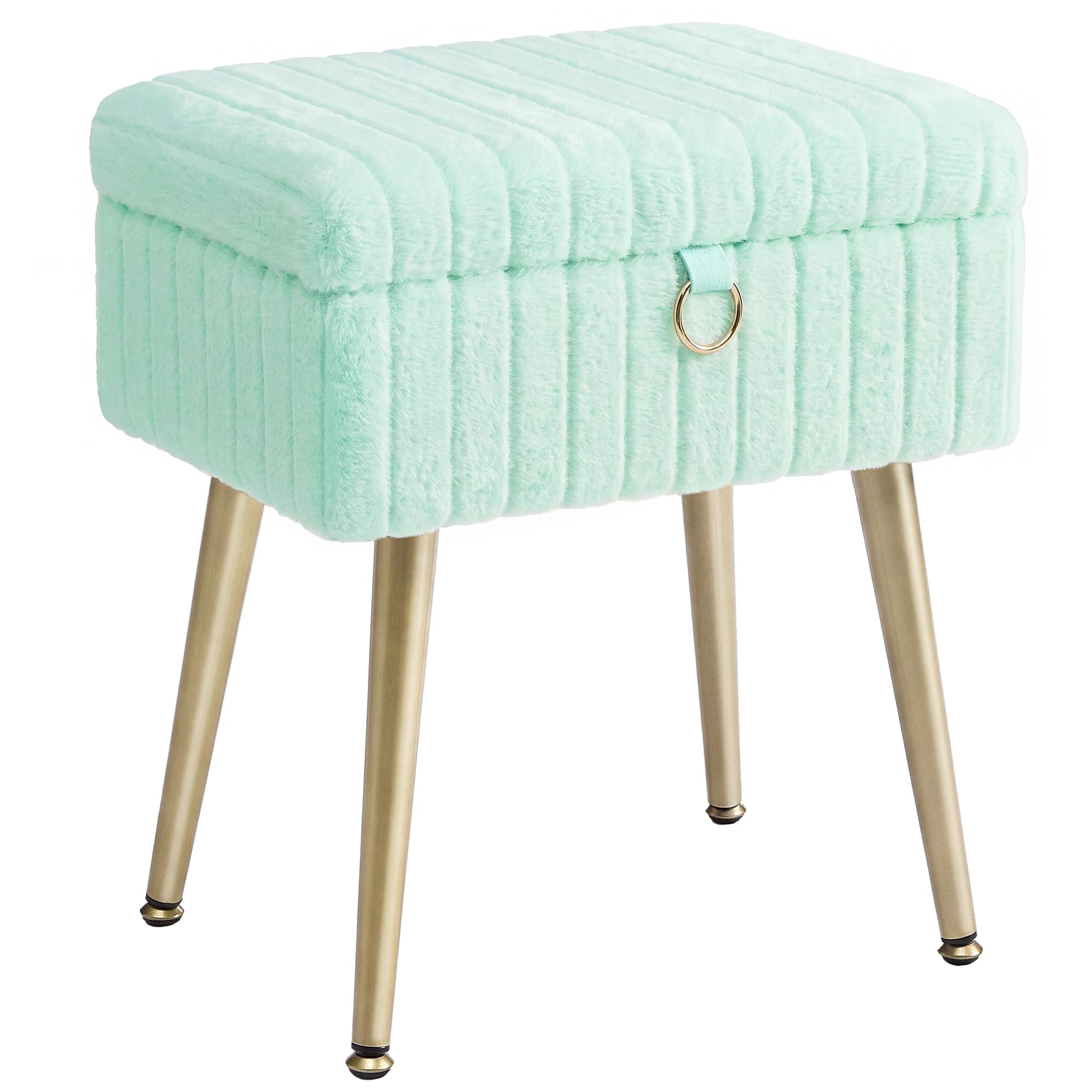SONGMICS Small Vanity Chair with Storage and Folding Back, Vanity Stool, Footrest Footstool Ottoman, Dressing Table Stool, Furry Padded Seat, for Makeup Room, Bedroom, Ink Black ULOM532BH01