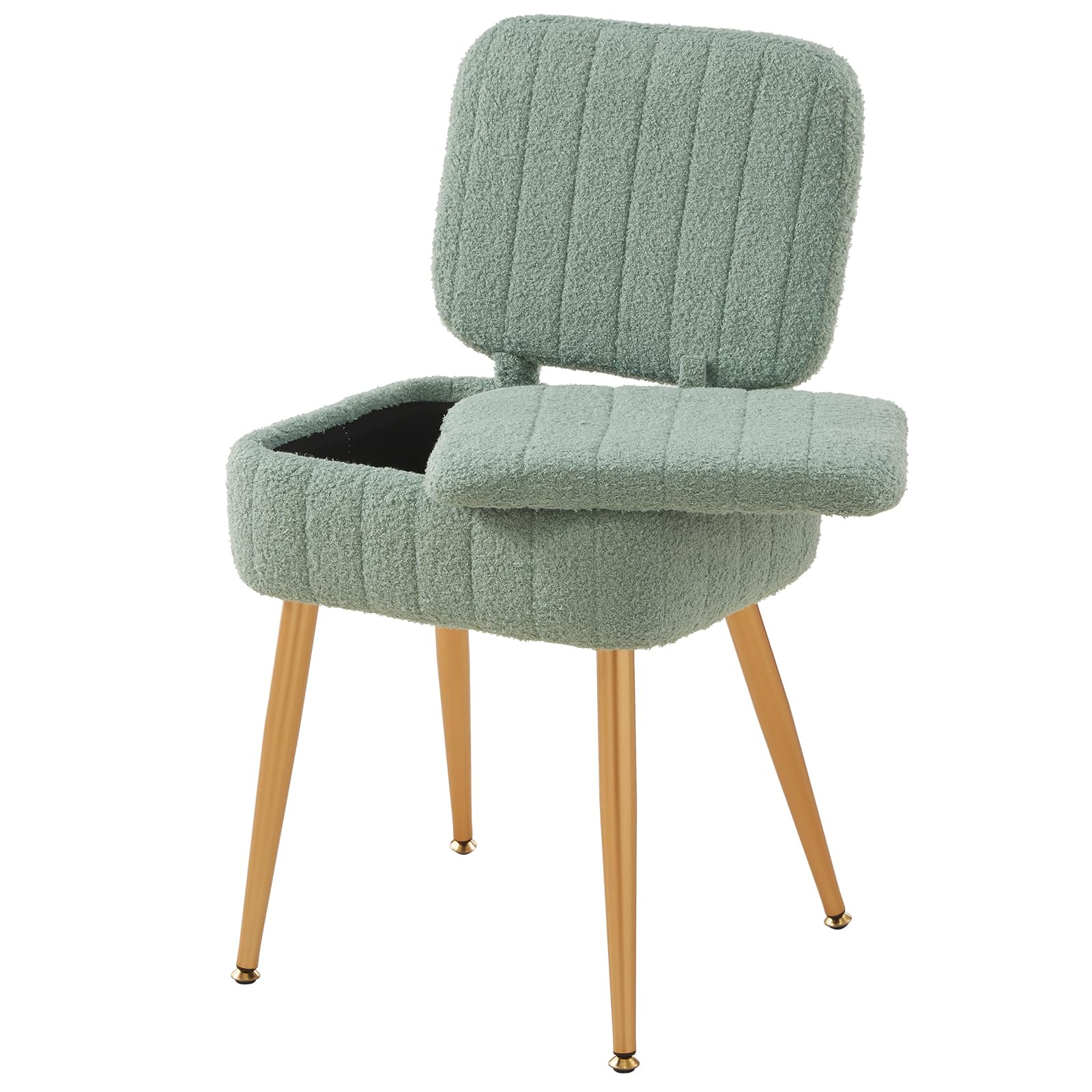 Updated Vanity Chair, Storage Ottoman with Folding Back & Gold-Toned Metal Legs, Ottoman Seat with Teddy Velvet for Dressing Room Living Room Bedroom, 15" x 12" Inch