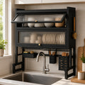 Over The Sink Dish Drying Rack with Dustproof Cover, 3 Tier Carbon Steel Dish Drainer, Piano Lacquer Finish, Space Saving Kitchen Organizer for Dishes, Bowls & Glasses (Black)