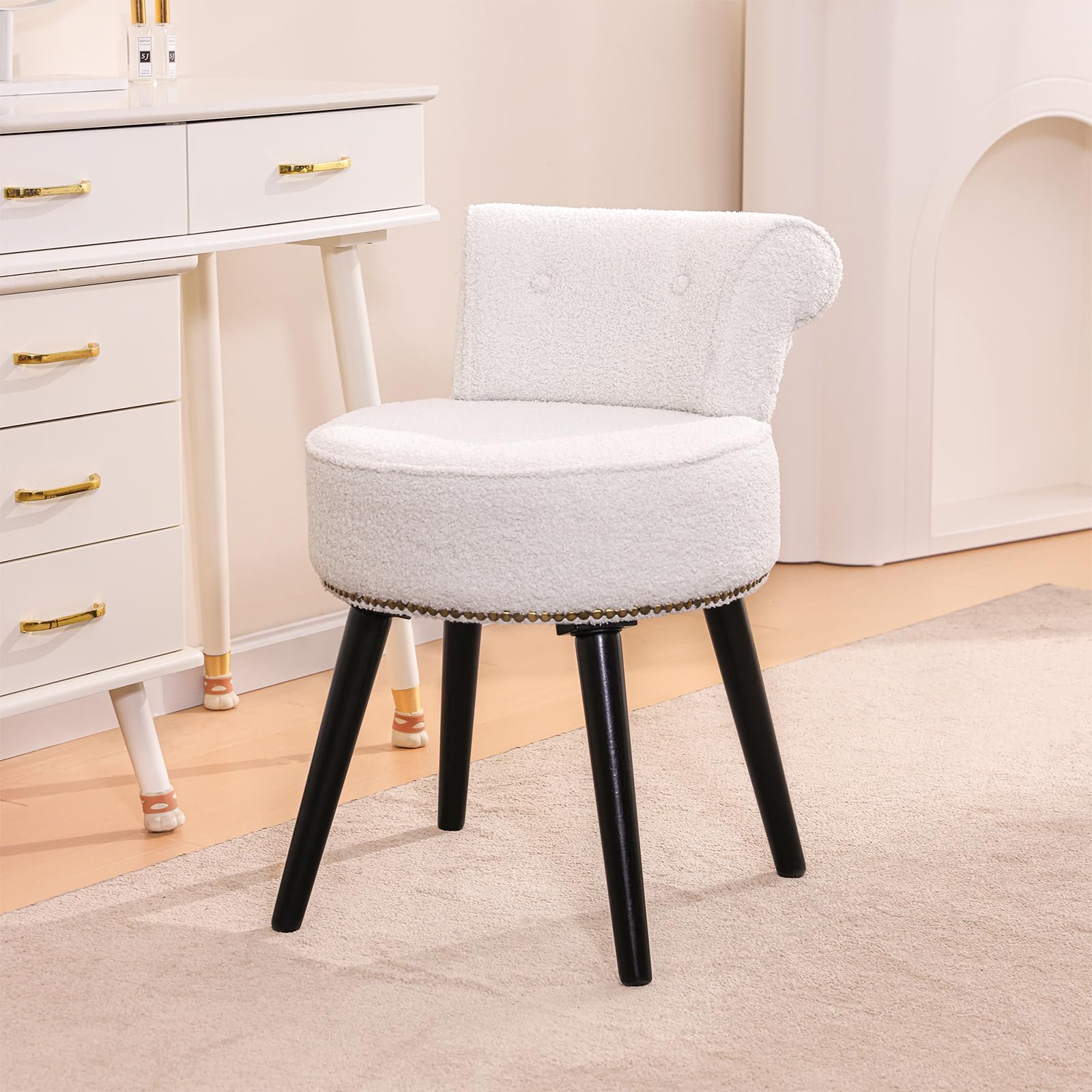 Vanity Chair with Adjustable Backrest, Velvet Upholstery Armless Makeup Stool, White Vanity Stool with Gold Metal Legs for Bedroom Living Room Kitchen Dinning Room (Velvet White)