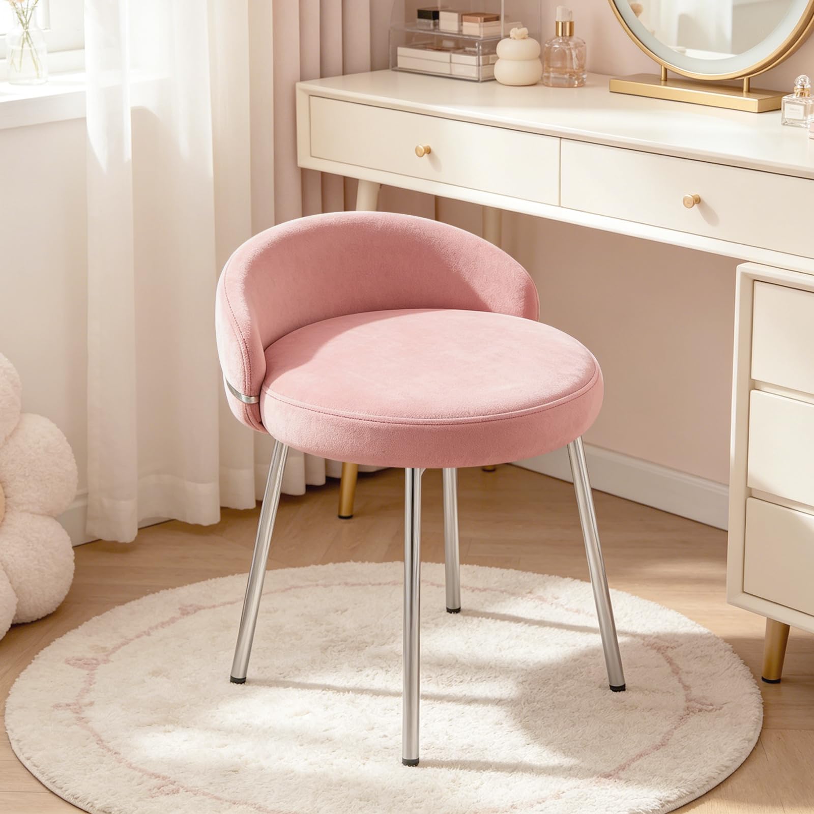 Velvet Vanity Chair with Soft Seat Matel Legs, Cute Makeup Desk Chair for Small Space, Upholstered Modern Vanity Stool with Low Back for Makeup Room Bedroom Dressing Room, Beige