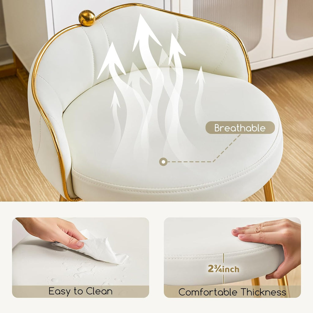 Cute Vanity Chair with Low Back, Small Makeup Desk Chair No Wheels, Modern Armless Leather Swivel Vanity Stools with Gold Legs for Vanity Bedroom Dress Room, White