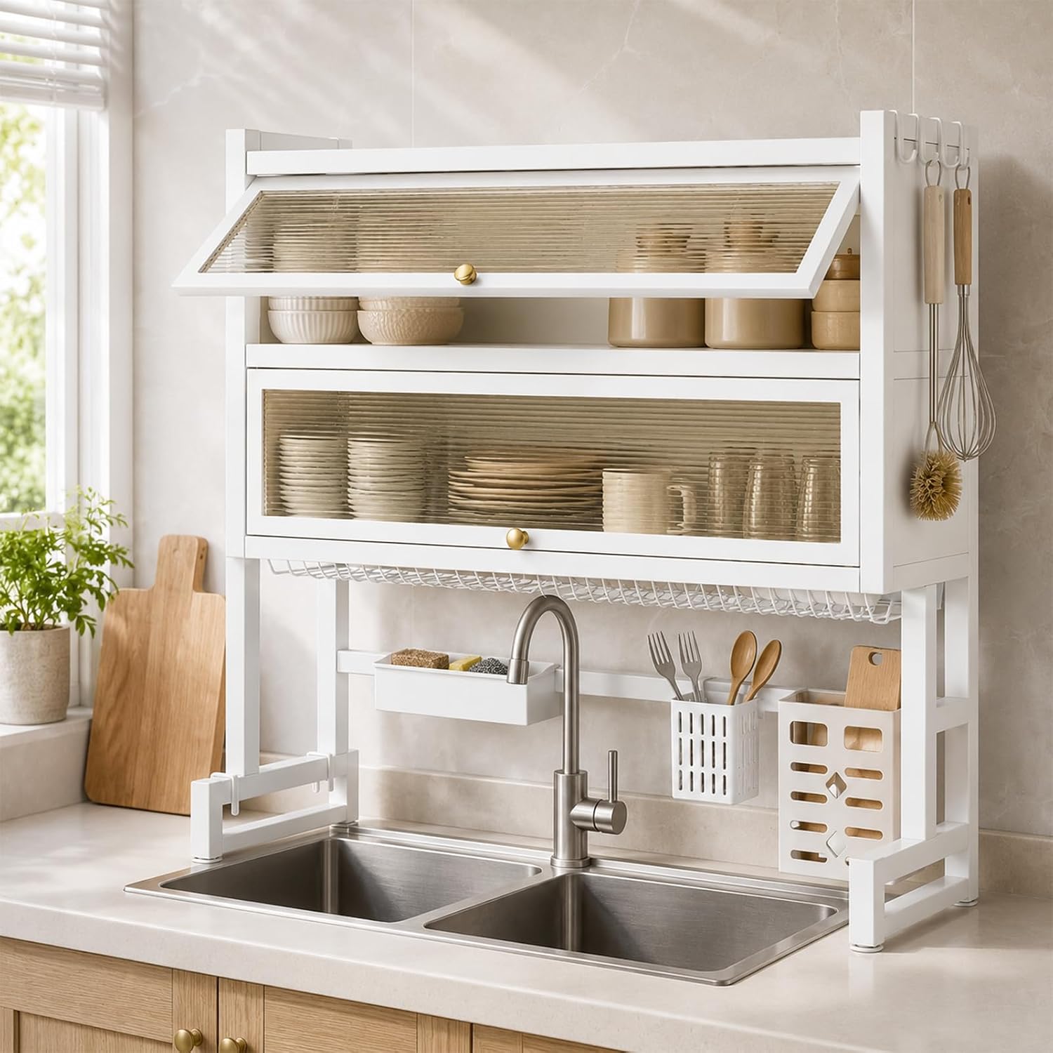 Over the Sink Dish Drying Rack with Dustproof Cover, 3 Tier Carbon Steel Dish Drainer, Over the Sink Dish Draining Rack, Bowls, Glasses & Cutlery White 41.33in