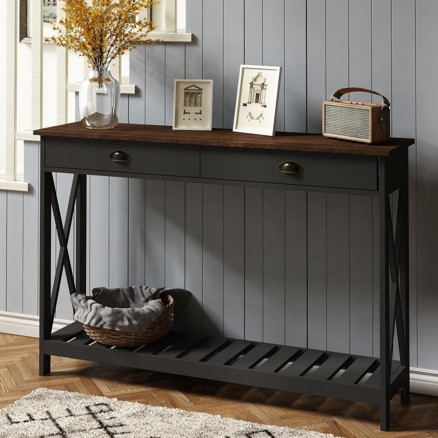 ChooChoo Farmhouse Console Table with Drawer for Entryway, Narrow Long Entry Table with Shelf for Living Room, Rustic Vintage Hallway Sofa Table with Stable X Supports, 40 White
