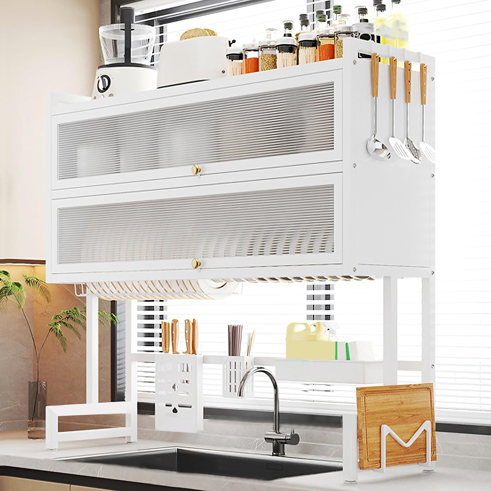 Over The Sink Dish Drying Rack 3 Tier with Acrylic Doors and Suction Cup Feet Kitchen Sink Caddy Organizer Carbon Steel Large Dishes Drying Rack for Kitchens(White,85 * 28 * 102cm)