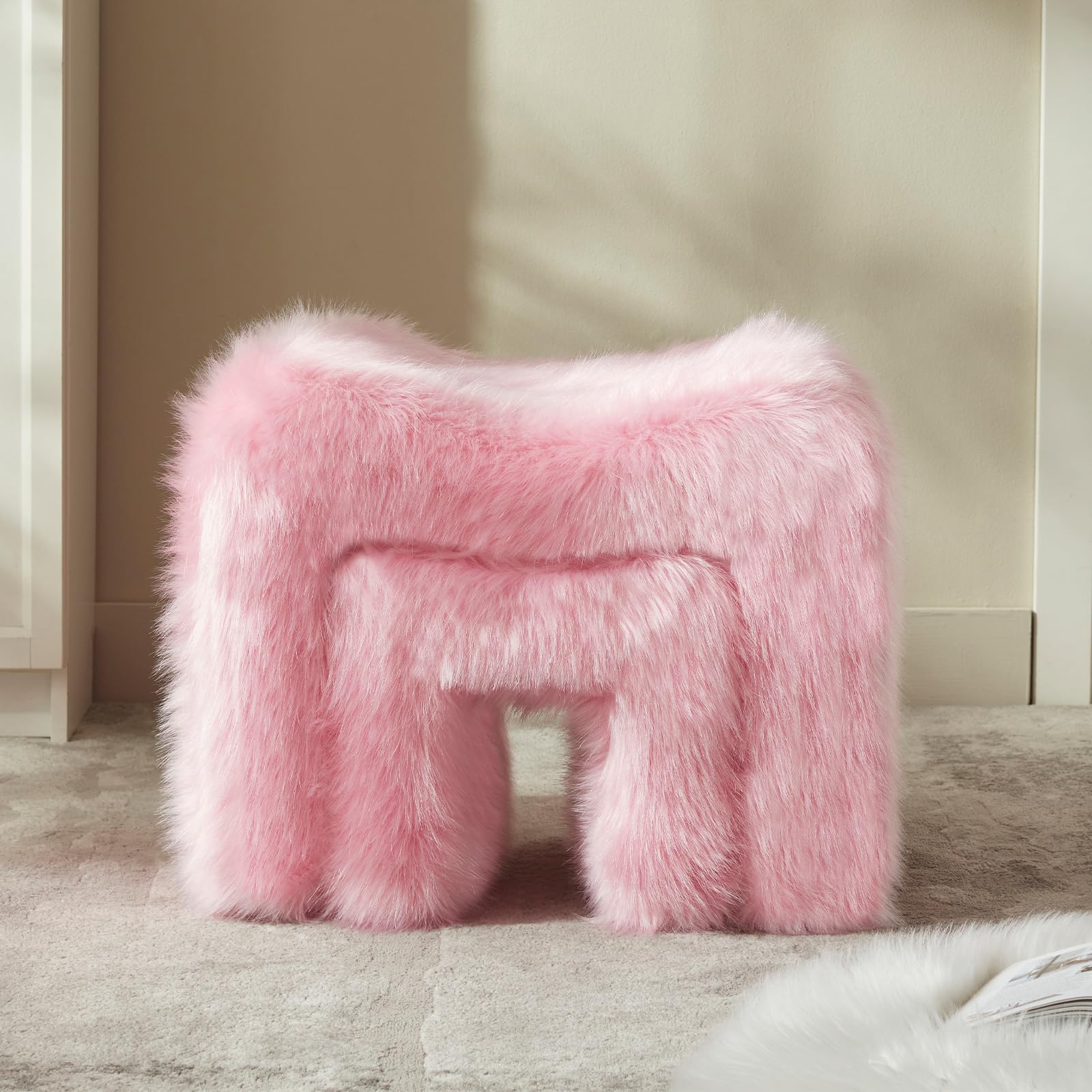 Ottoman Vanity Stool Chair Small Footstool Seating Backless Modern Foot Rest Teddy Velvet Ottoman for Makeup Room Living Room Bedroom Entryway,White (Single 1)