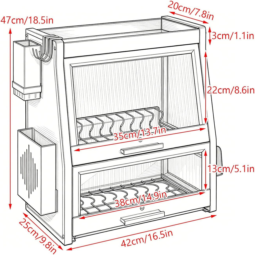 White 2 Tier Covered Dish Rack with Drain Board and Utensil Storage