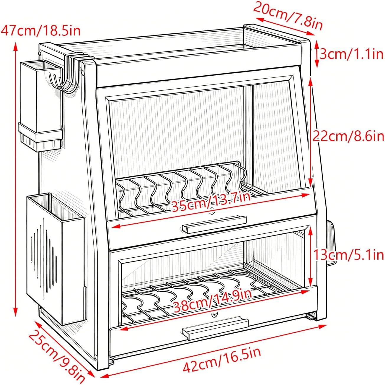White 2 Tier Covered Dish Rack with Drain Board and Utensil Storage