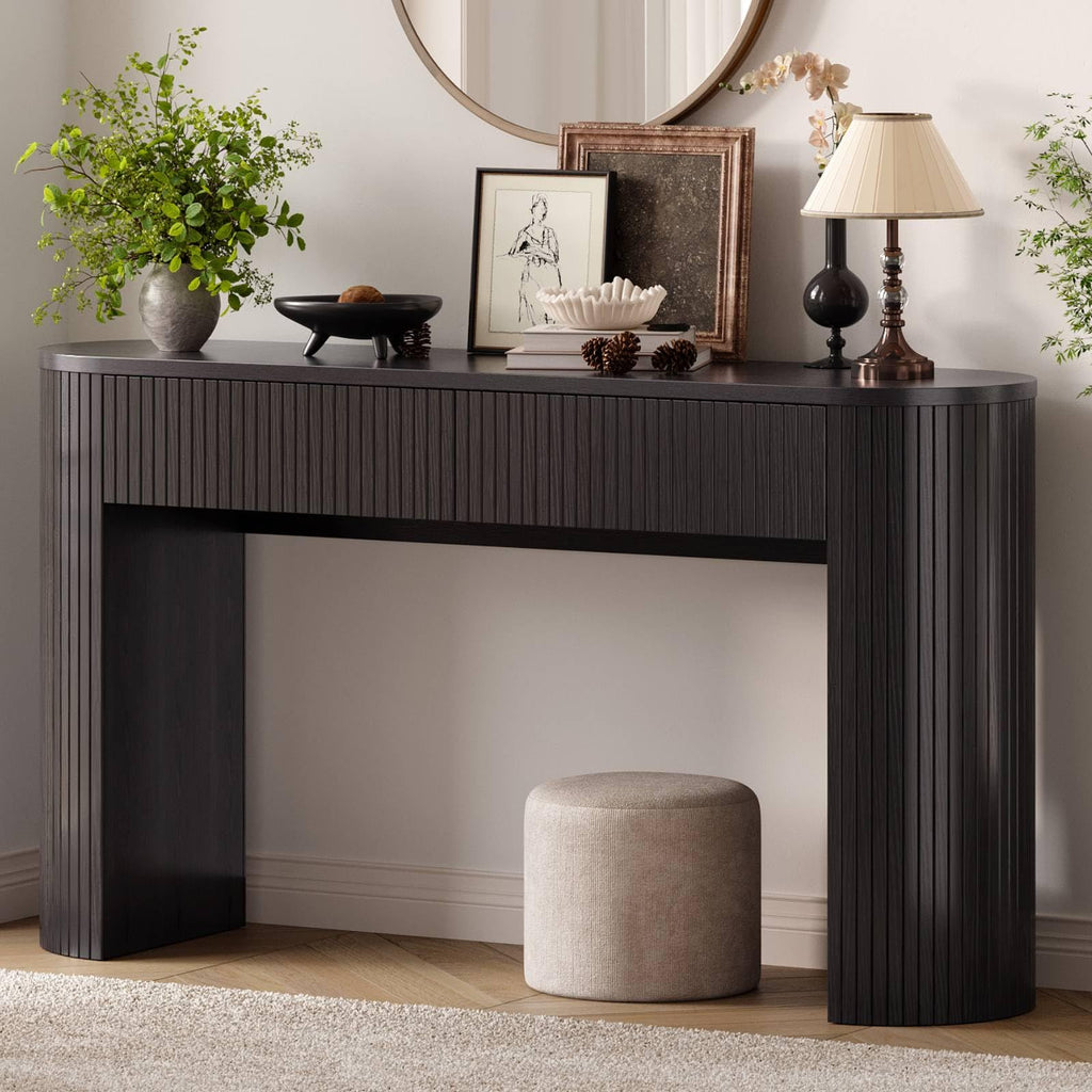 55 Inch Console Table with 2 Drawers, Fluted Entryway Tables with Storage, Sofa Table Behind The Couch, Hallway Tables, Mid-Century Modern Foyer Table for Entryway, Hallway, Living Room, Walnut