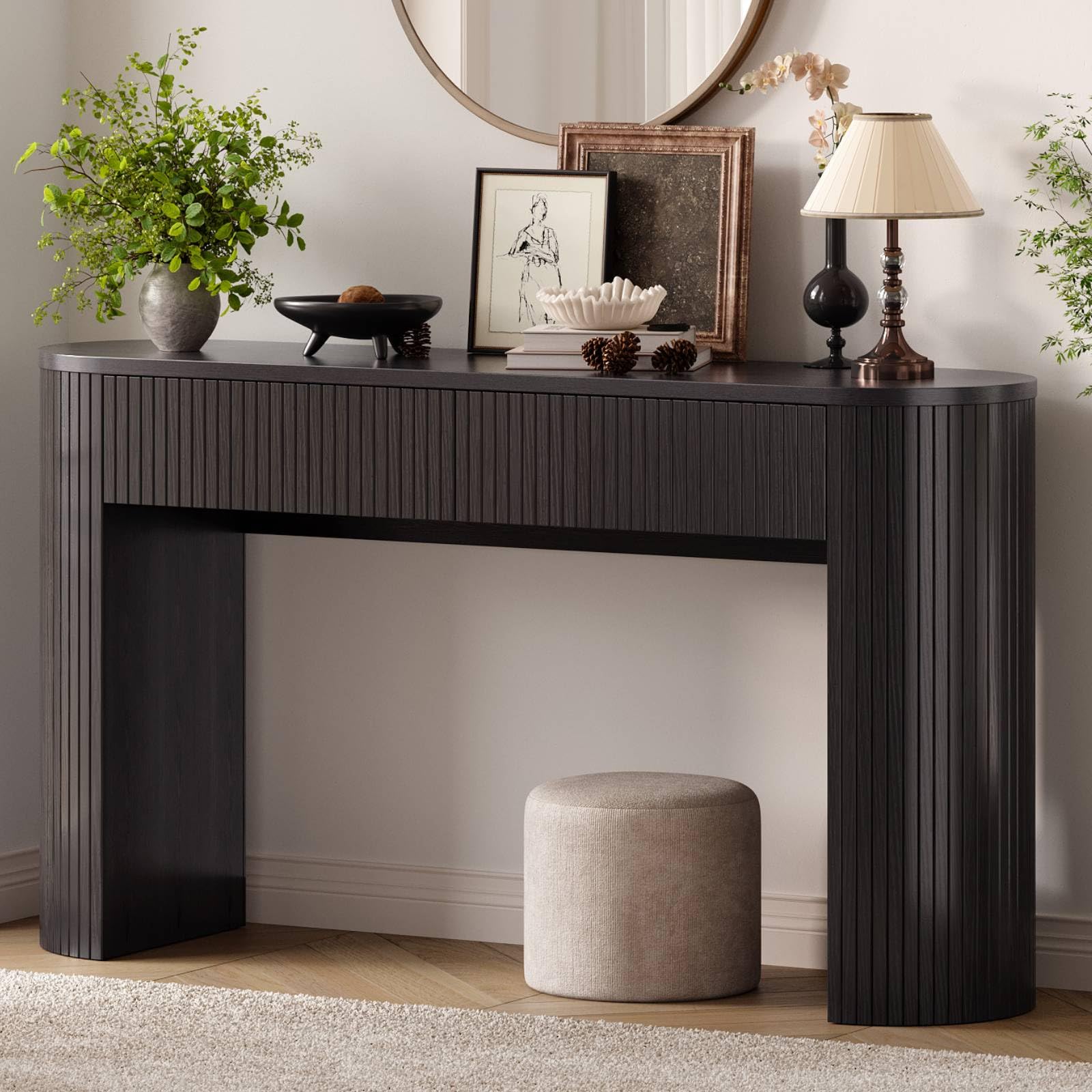 55 Inch Console Table with 2 Drawers, Fluted Entryway Tables with Storage, Sofa Table Behind The Couch, Hallway Tables, Mid-Century Modern Foyer Table for Entryway, Hallway, Living Room, Walnut