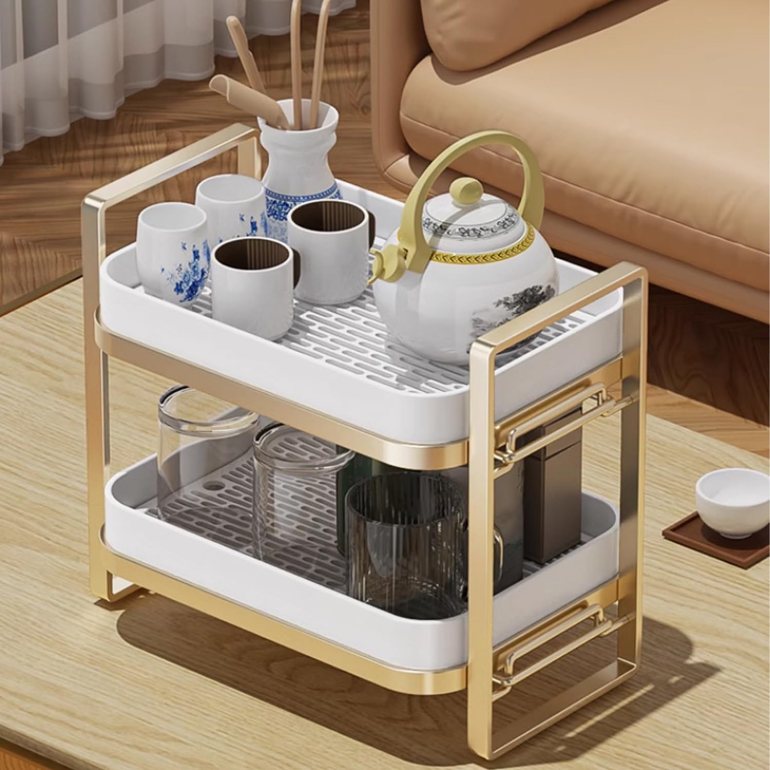 Dxcaicc 2-Tier Cup Drying Rack, Coffee Bar Accessories with Drying Tray, Coffe Mug Holder Rack for Countertop, Bottle,Tea Cup, Glass Cup, Dish Organizer,A