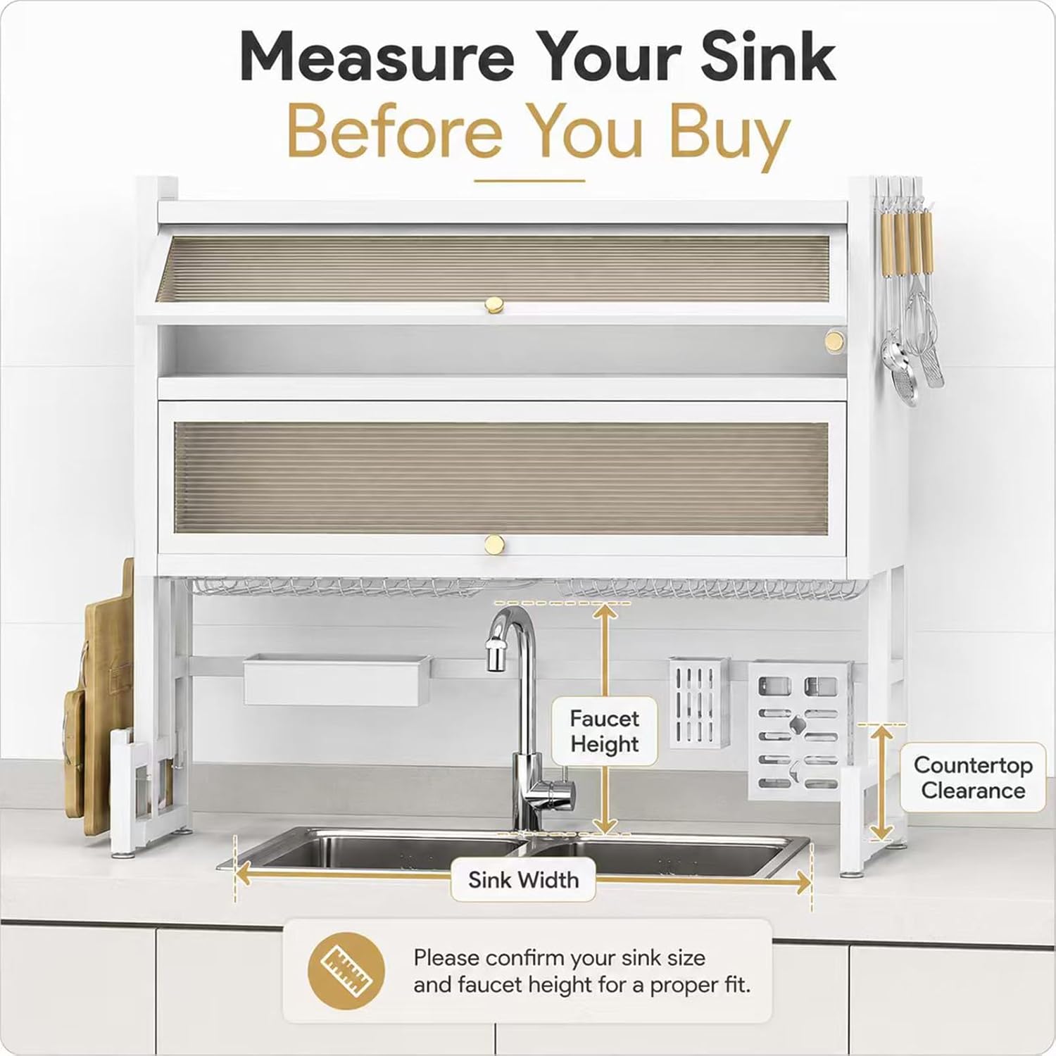 Over the Sink Dish Drying Rack with Dustproof Cover, 3 Tier Carbon Steel Dish Drainer, Over the Sink Dish Draining Rack, Bowls, Glasses & Cutlery White 41.33in