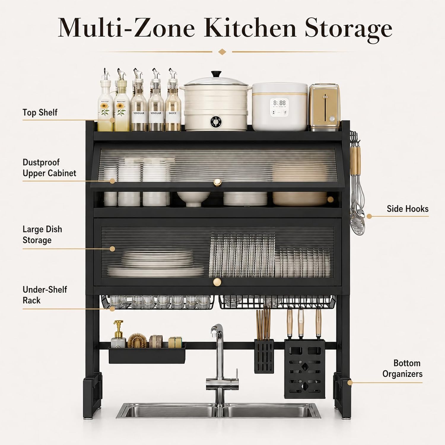 Over The Sink Dish Drying Rack with Dustproof Cover, 3 Tier Carbon Steel Dish Drainer, Piano Lacquer Finish, Space Saving Kitchen Organizer for Dishes, Bowls & Glasses (Black)