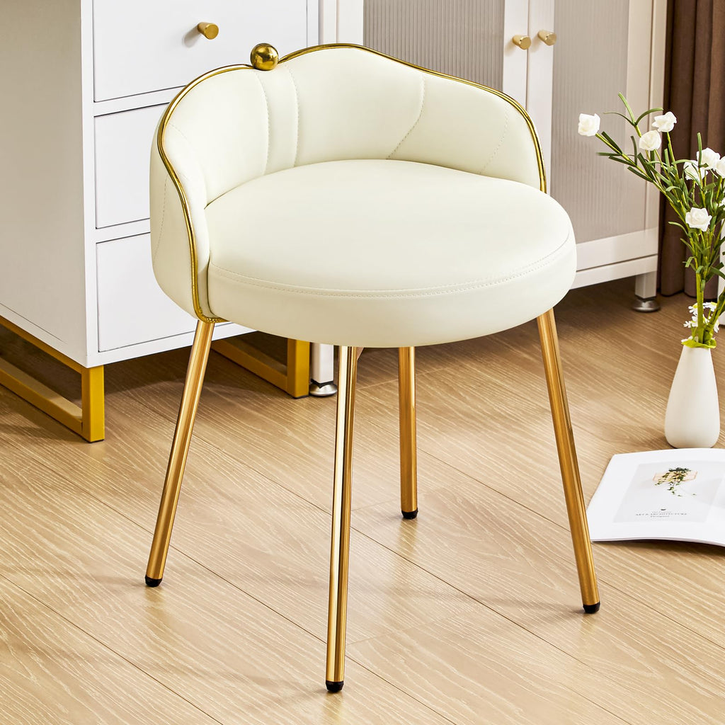 Cute Vanity Chair with Low Back, Small Makeup Desk Chair No Wheels, Modern Armless Leather Swivel Vanity Stools with Gold Legs for Vanity Bedroom Dress Room, White